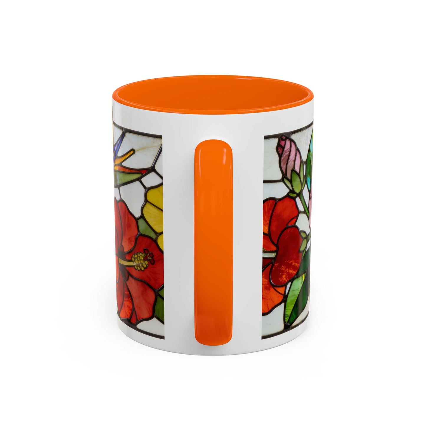 Stained Glass Tropical Flower Coffee Mug — Hibiscus & Bird of Paradise Accent Mug