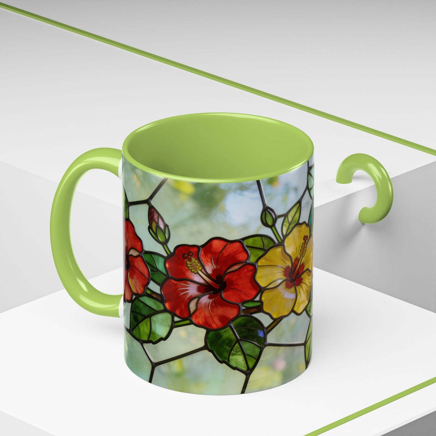 Stained Glass Floral Accent Coffee Mug — Hibiscus & Sunflower Art (11/15oz)