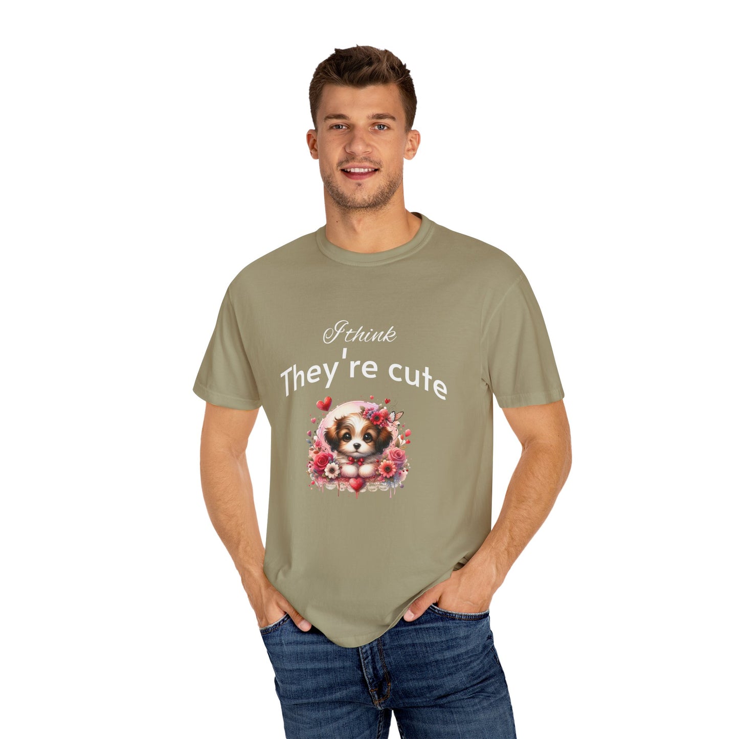 Cute Puppy Love adorned with hearts and beautiful flowers Unisex Garment-Dyed T-Shirt - Perfect for Dog Lovers