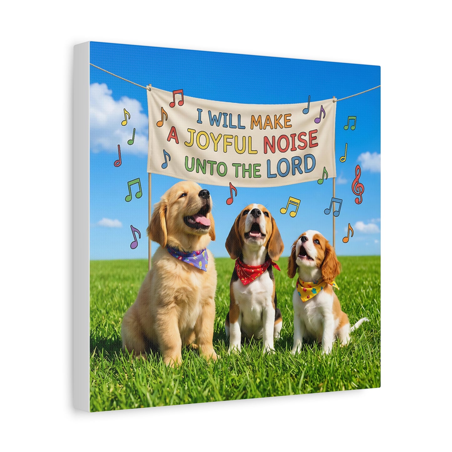 Joyful Noise Puppies Canvas Wall Art — Religious Christian Bible Verse 'I Will Make A Joyful Noise Unto The Lord'