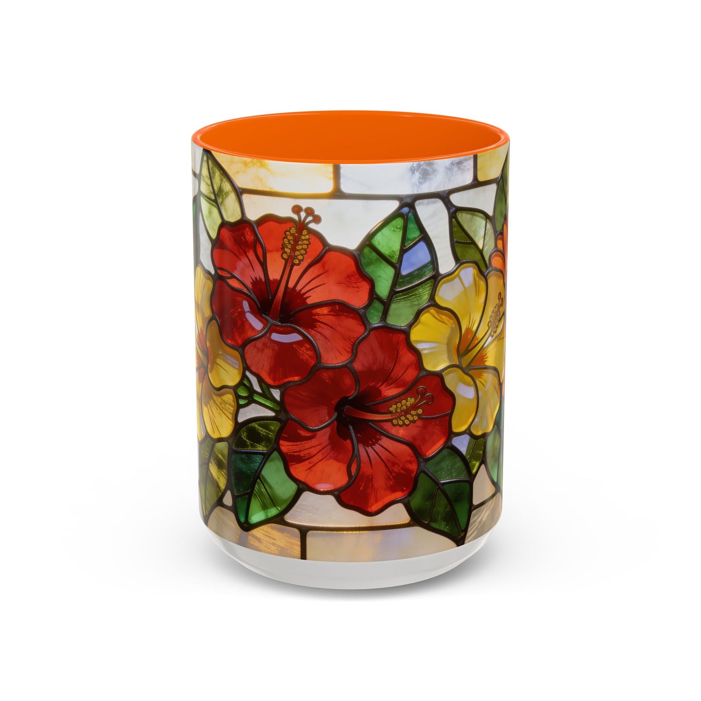 Floral Stained Glass Accent Coffee Mug – Hibiscus & Sunflower Design (11/15oz)