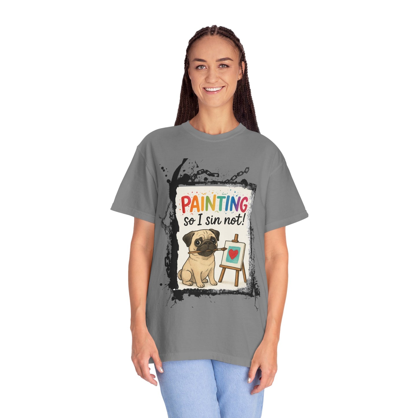 Humorous "Painting So I Sin Not" Pug T-Shirt