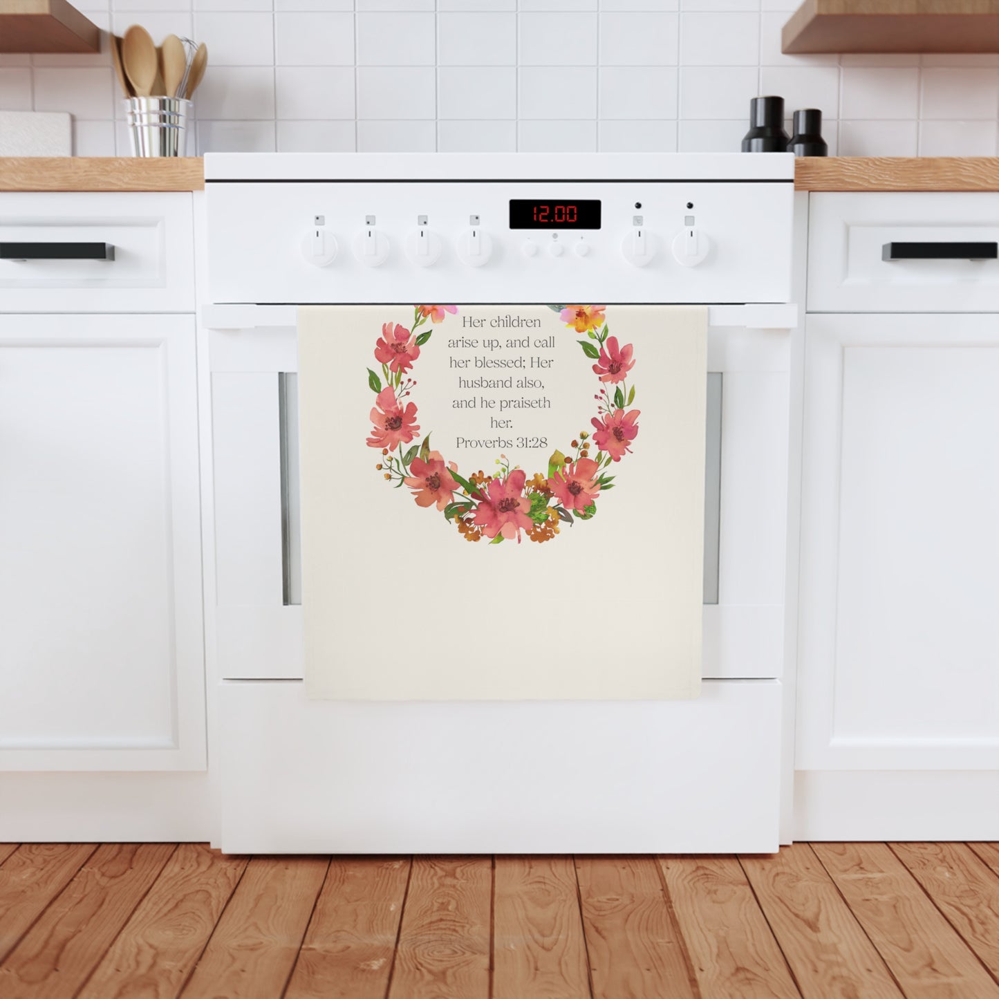 Floral Proverbs 31:28 Cotton Tea Towel - Inspirational kitchen decor