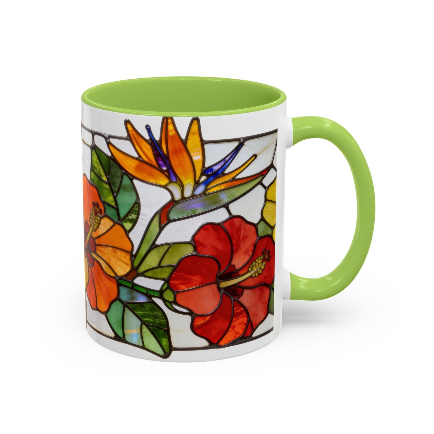 Stained Glass Tropical Flower Coffee Mug — Hibiscus & Bird of Paradise Accent Mug
