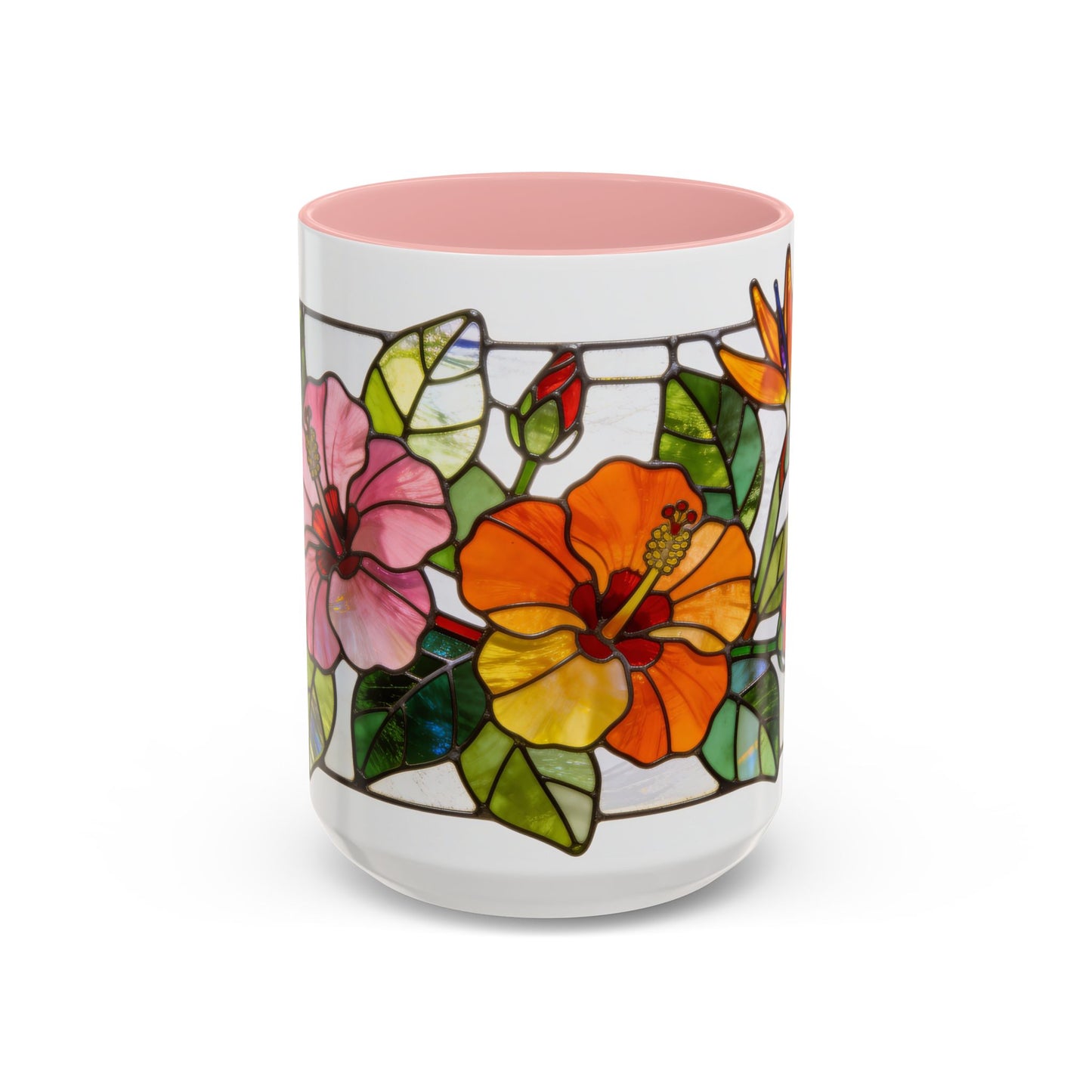 Stained Glass Tropical Flower Coffee Mug — Hibiscus & Bird of Paradise Accent Mug