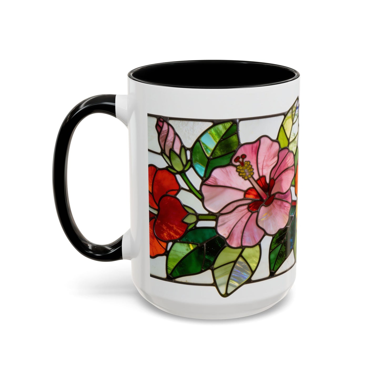 Stained Glass Tropical Flower Coffee Mug — Hibiscus & Bird of Paradise Accent Mug