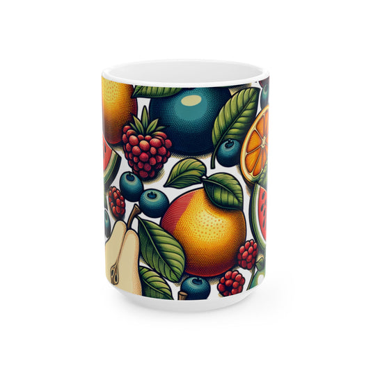 Fruit Pattern Ceramic Mug — Colorful Citrus & Berries 11oz/15oz