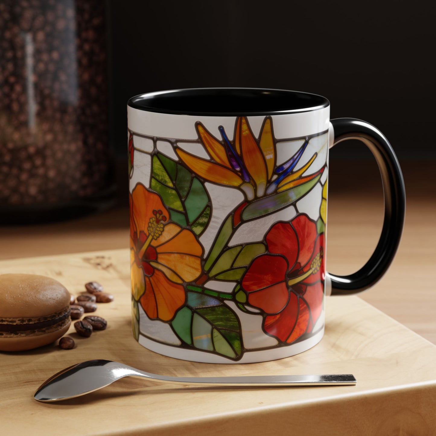 Stained Glass Tropical Flower Coffee Mug — Hibiscus & Bird of Paradise Accent Mug