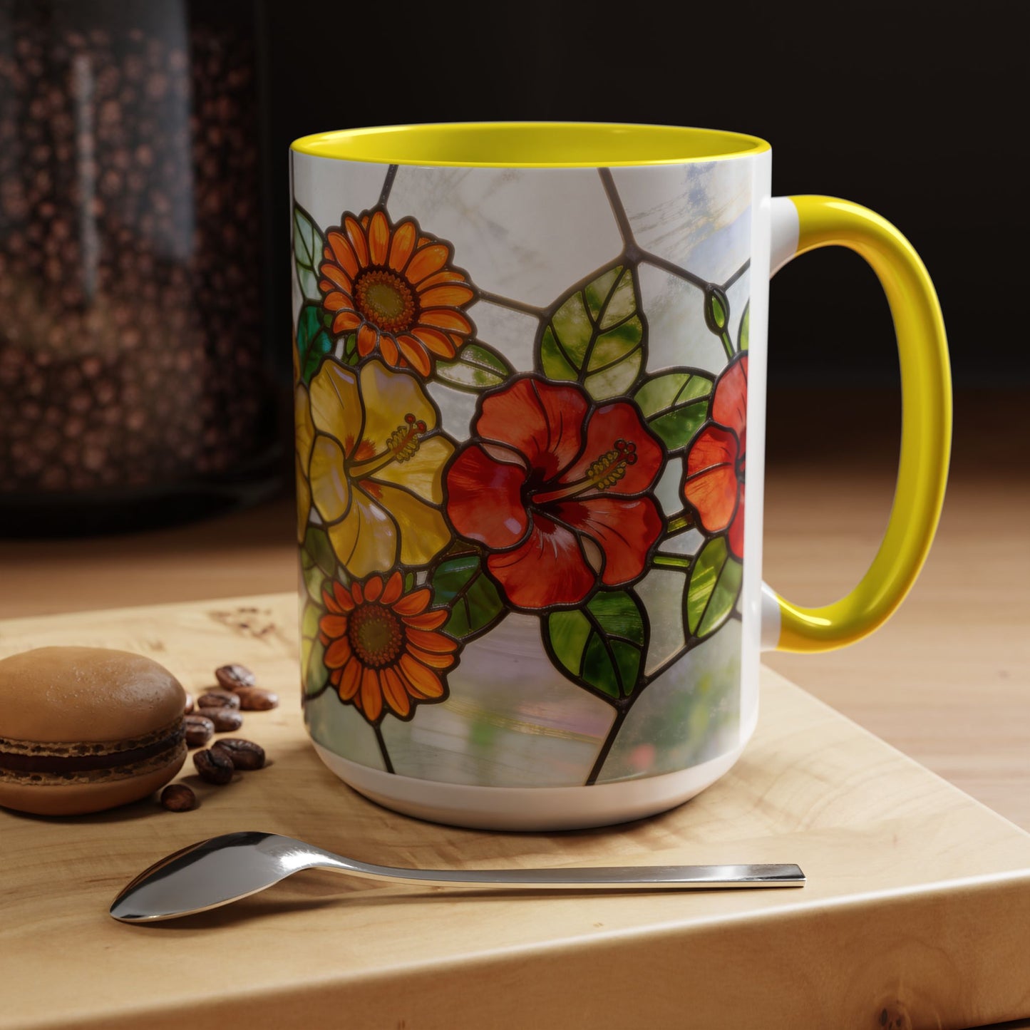 Stained Glass Floral Accent Coffee Mug — Hibiscus & Sunflower Art (11/15oz)