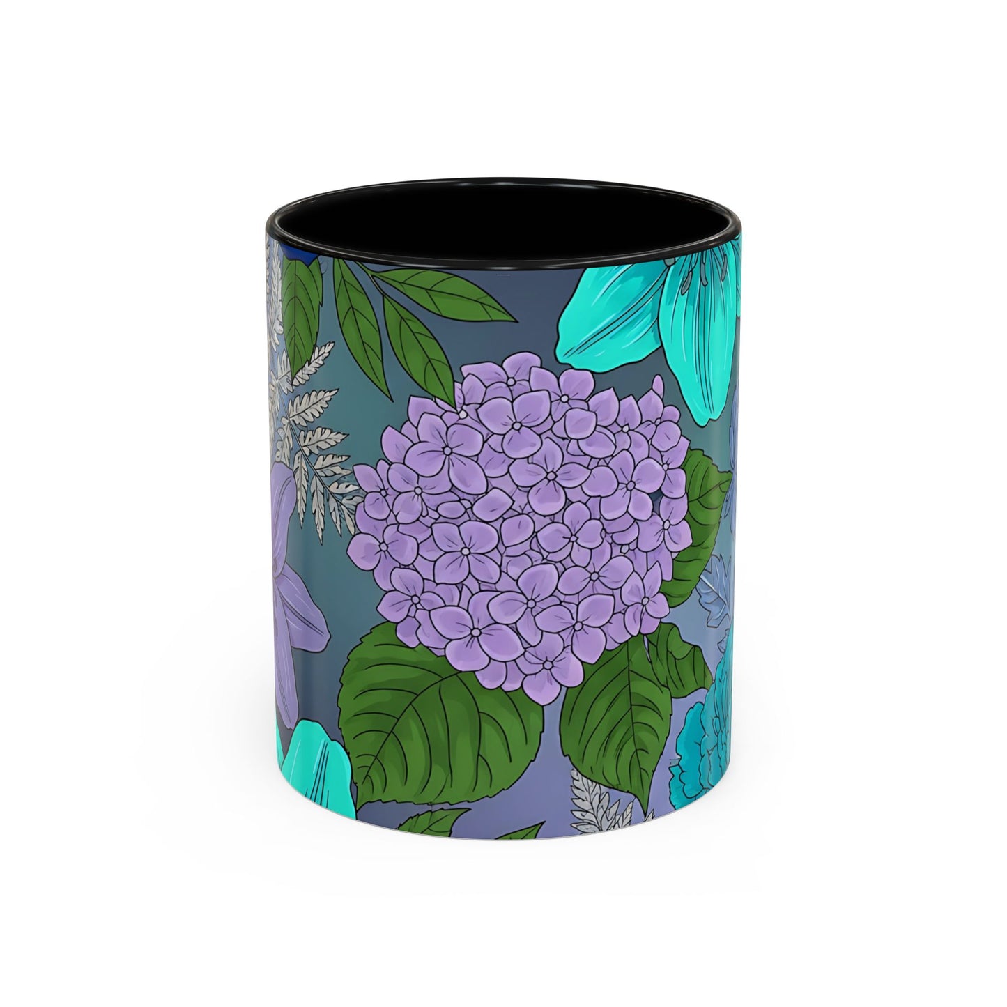 Floral Hydrangea Accent Coffee Mug — Teal & Lavender Botanical Drinkware