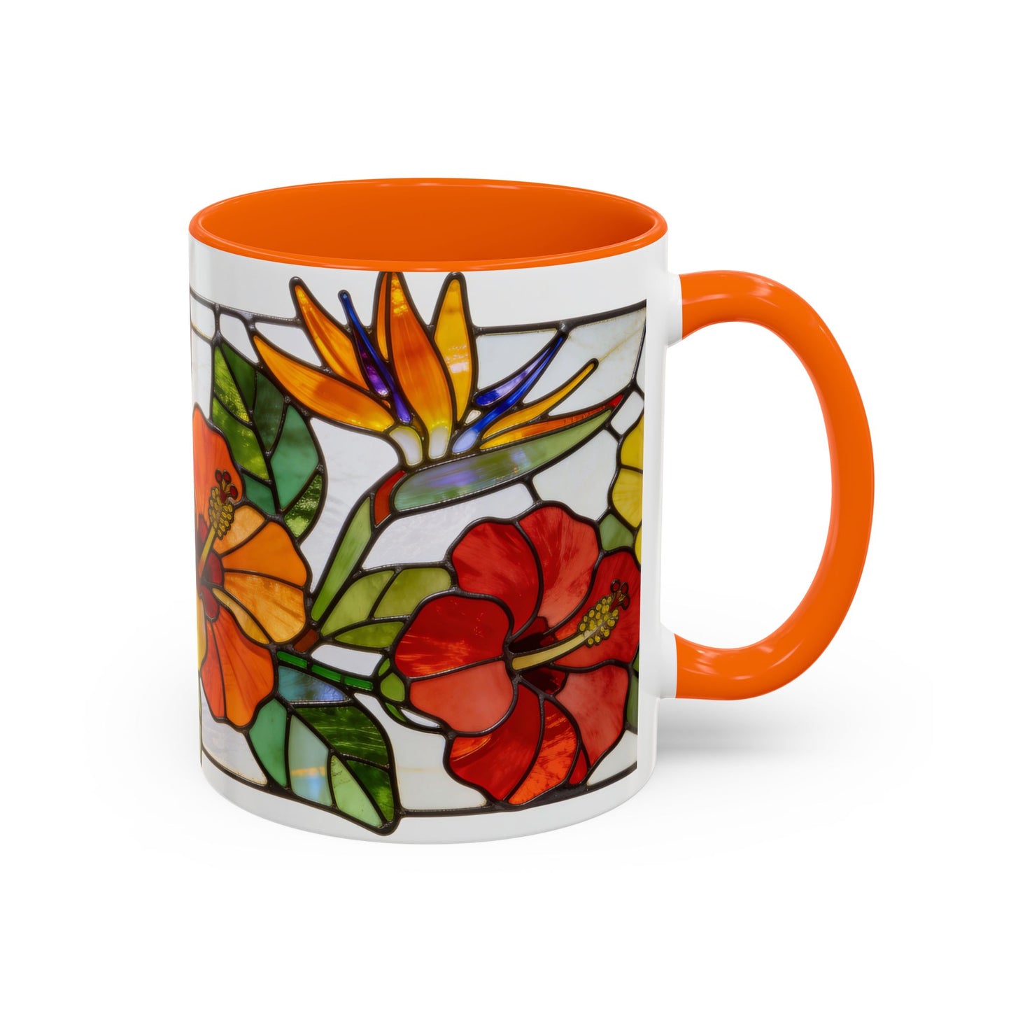 Stained Glass Tropical Flower Coffee Mug — Hibiscus & Bird of Paradise Accent Mug