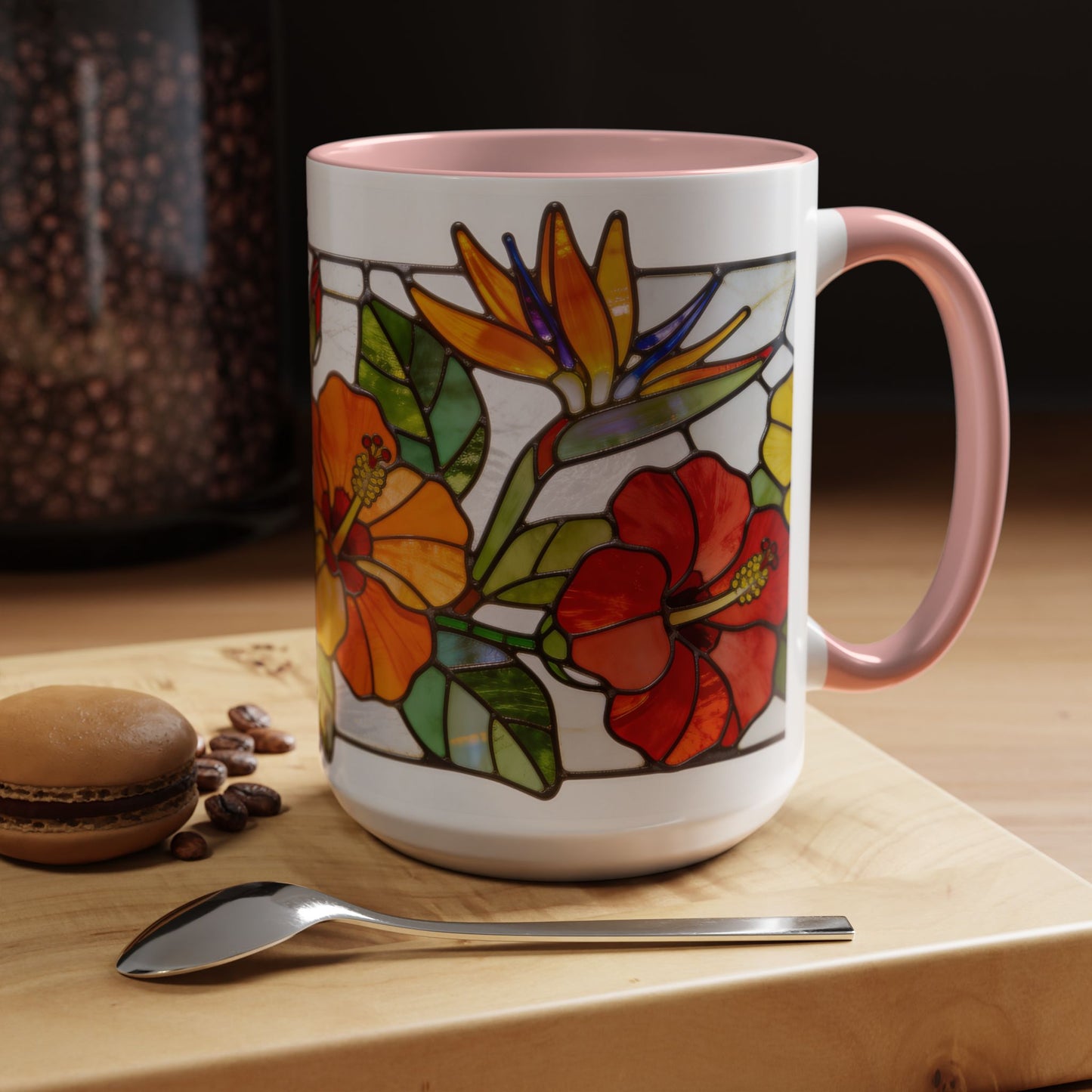 Stained Glass Tropical Flower Coffee Mug — Hibiscus & Bird of Paradise Accent Mug