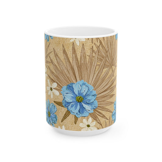 Floral Boho Ceramic Mug - Blue Wildflowers on Palm Leaf Background (11oz, 15oz)