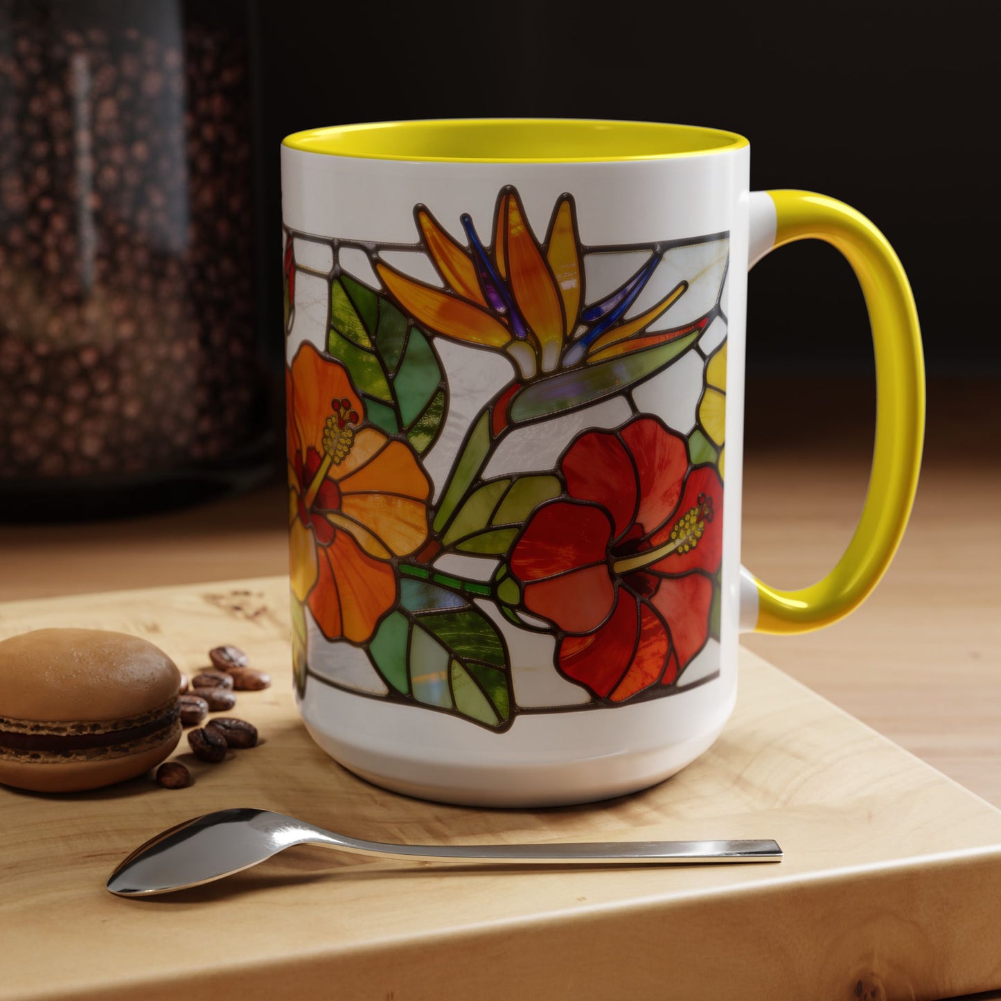 Stained Glass Tropical Flower Coffee Mug — Hibiscus & Bird of Paradise Accent Mug