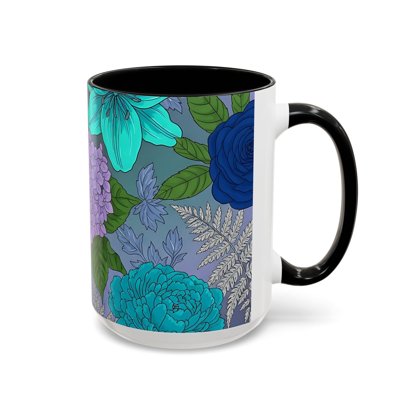 Floral Hydrangea Accent Coffee Mug — Teal & Lavender Botanical Drinkware