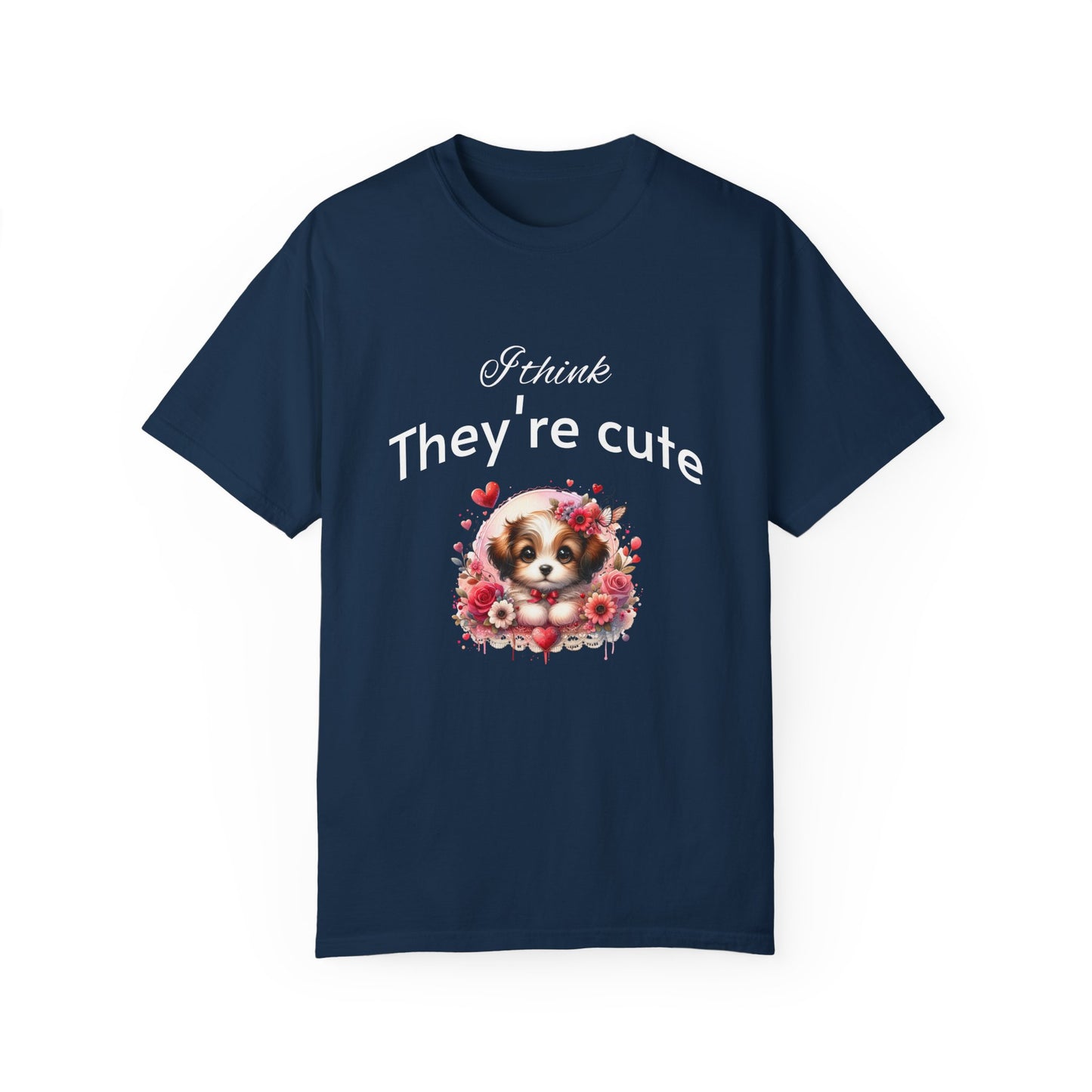 Cute Puppy Love adorned with hearts and beautiful flowers Unisex Garment-Dyed T-Shirt - Perfect for Dog Lovers