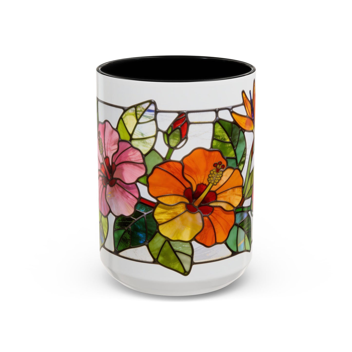 Stained Glass Tropical Flower Coffee Mug — Hibiscus & Bird of Paradise Accent Mug