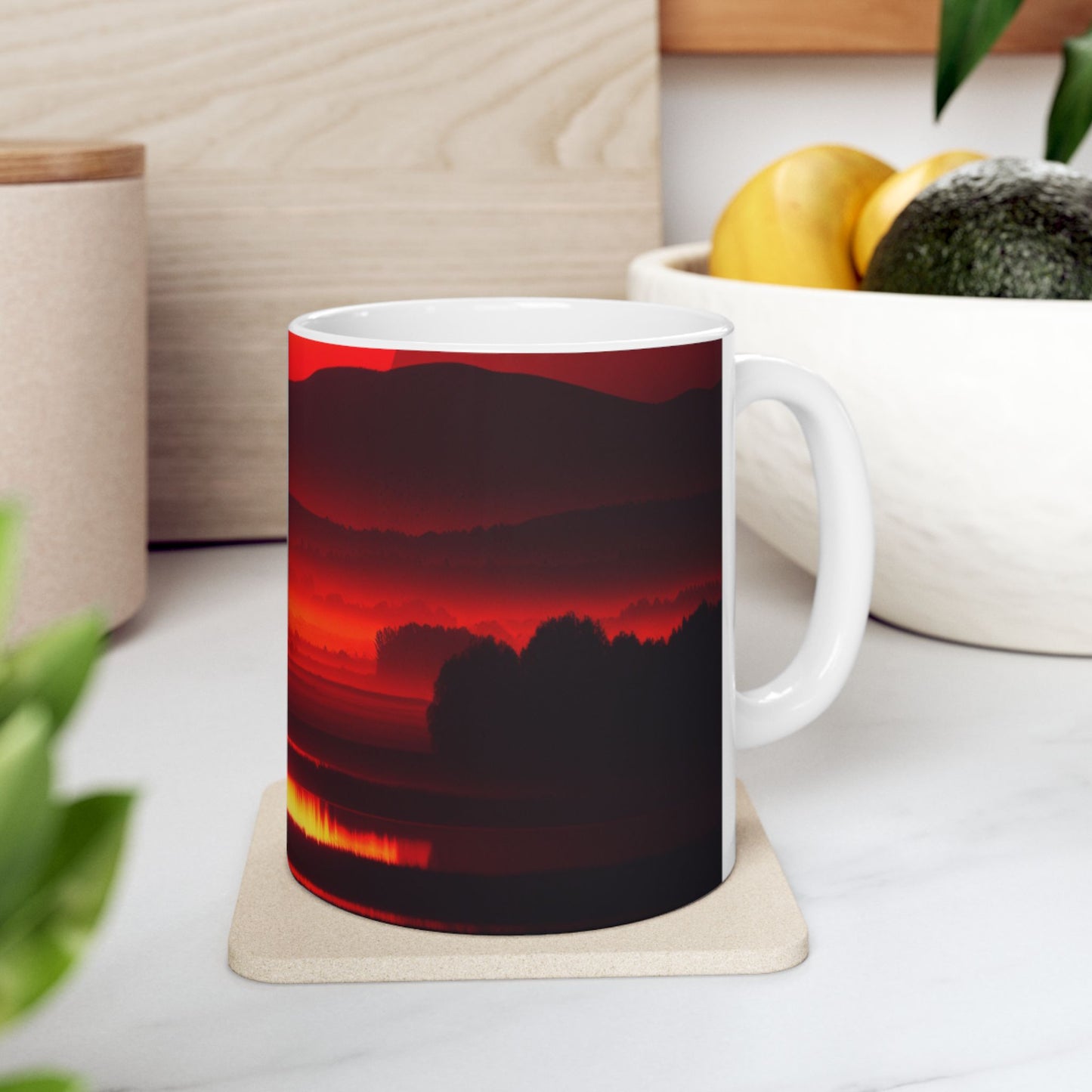 Red Sunset Mountain Ceramic Mug — Atmospheric Landscape Coffee Cup (11oz & 15oz)