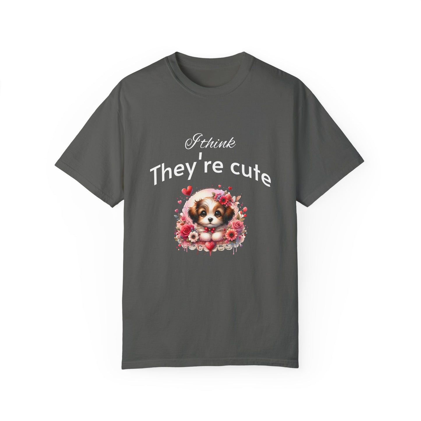 Cute Puppy Love adorned with hearts and beautiful flowers Unisex Garment-Dyed T-Shirt - Perfect for Dog Lovers