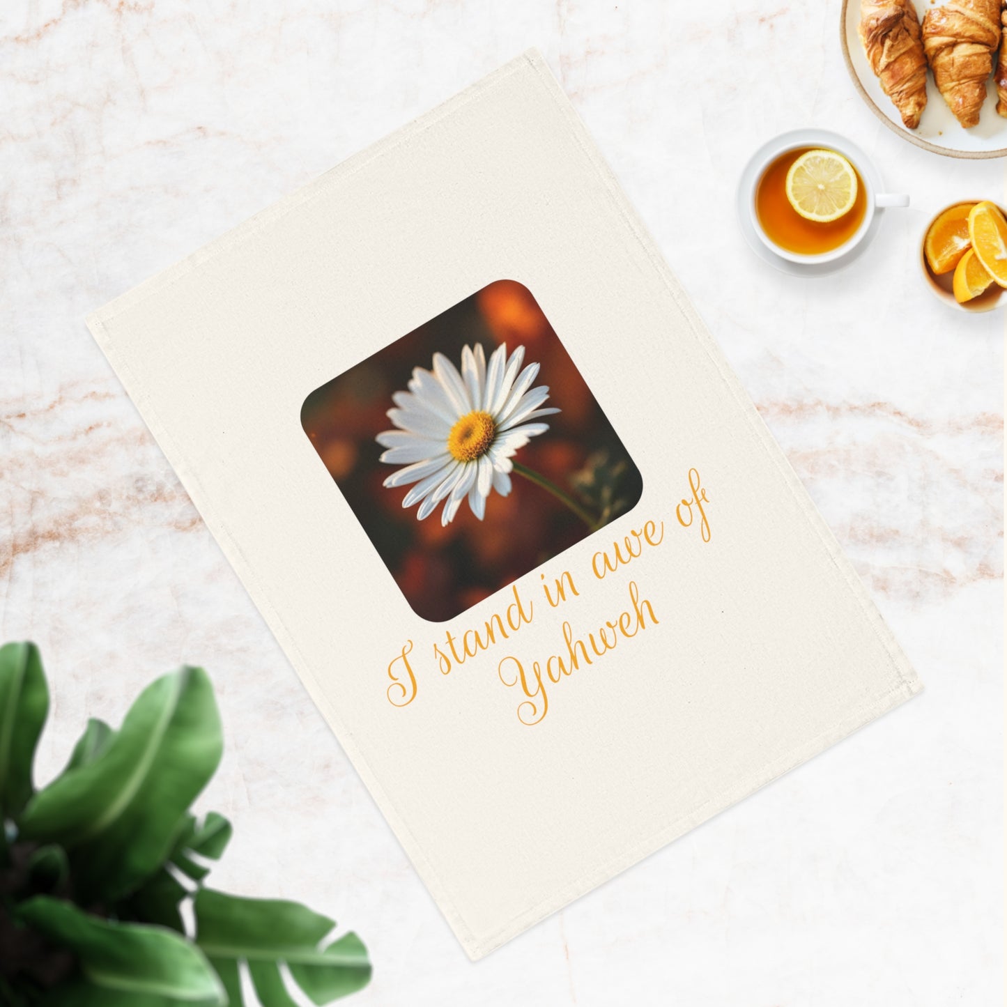 Inspirational Cotton Tea Towel - 'I Stand in Awe of Yahweh' with Daisy Design - Perfect for Home Decor and Gifts