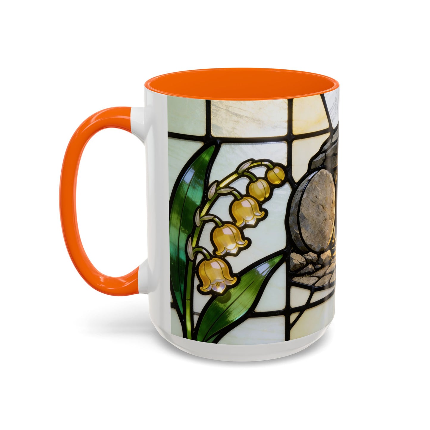 Stained Glass depiction of The Resurrected Tomb & Lily of the Valley Accent Coffee Mug — Christian Easter 11/15oz