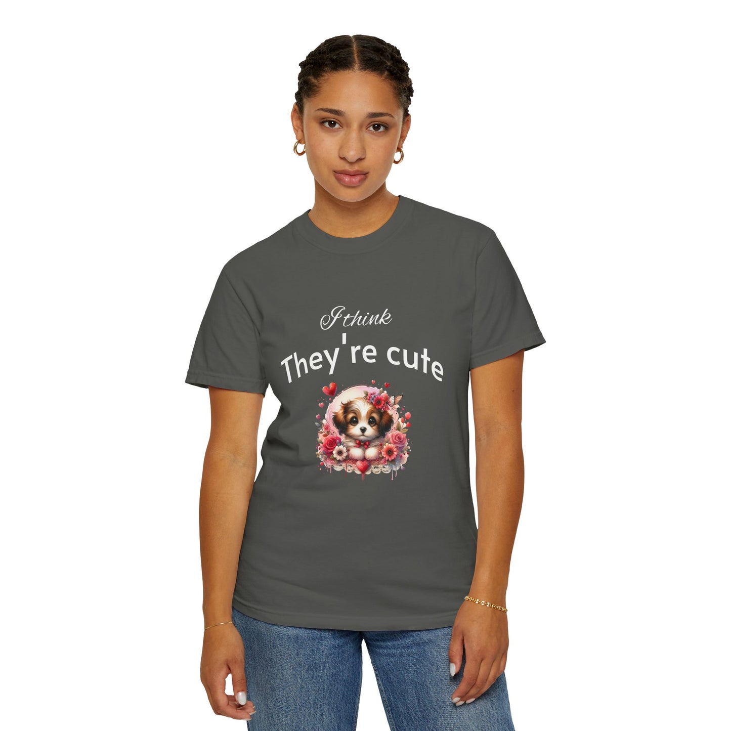 Cute Puppy Love adorned with hearts and beautiful flowers Unisex Garment-Dyed T-Shirt - Perfect for Dog Lovers