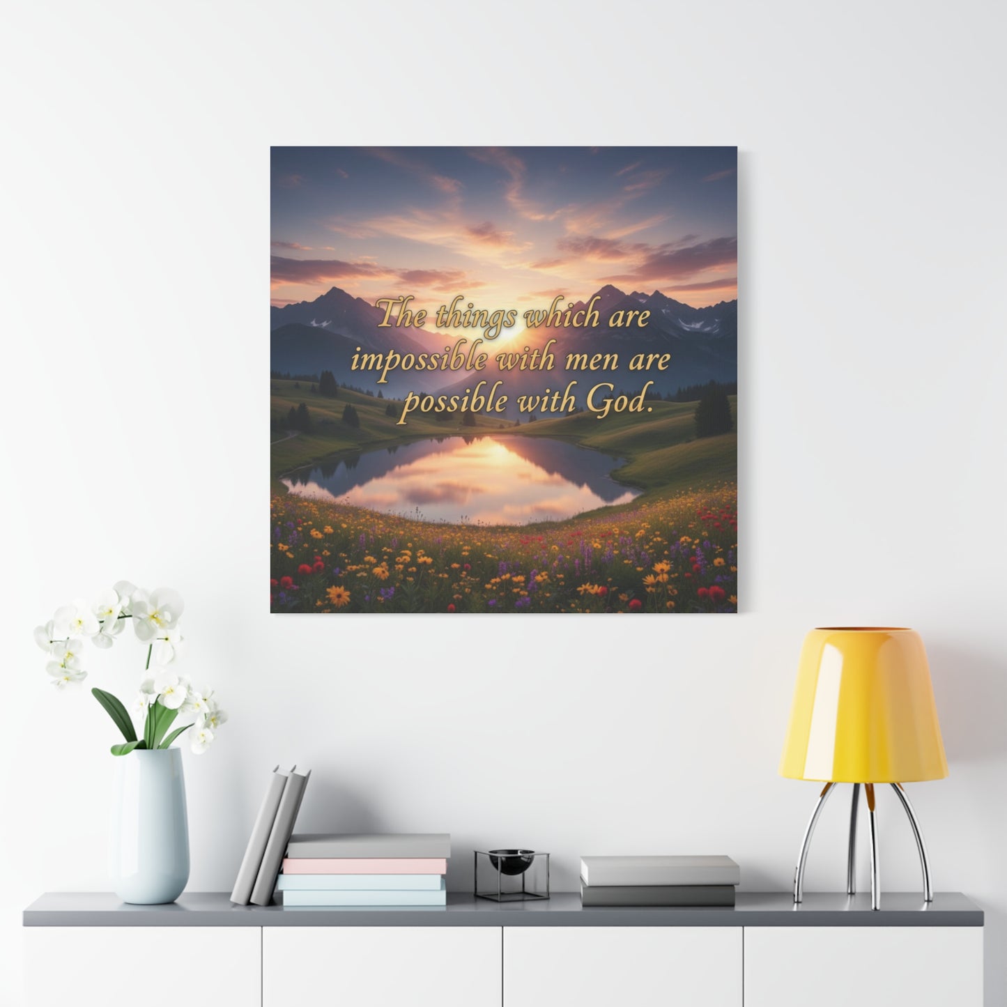 Poster with mountain landscape and motivational quote on a wall above a shelf with decor items.