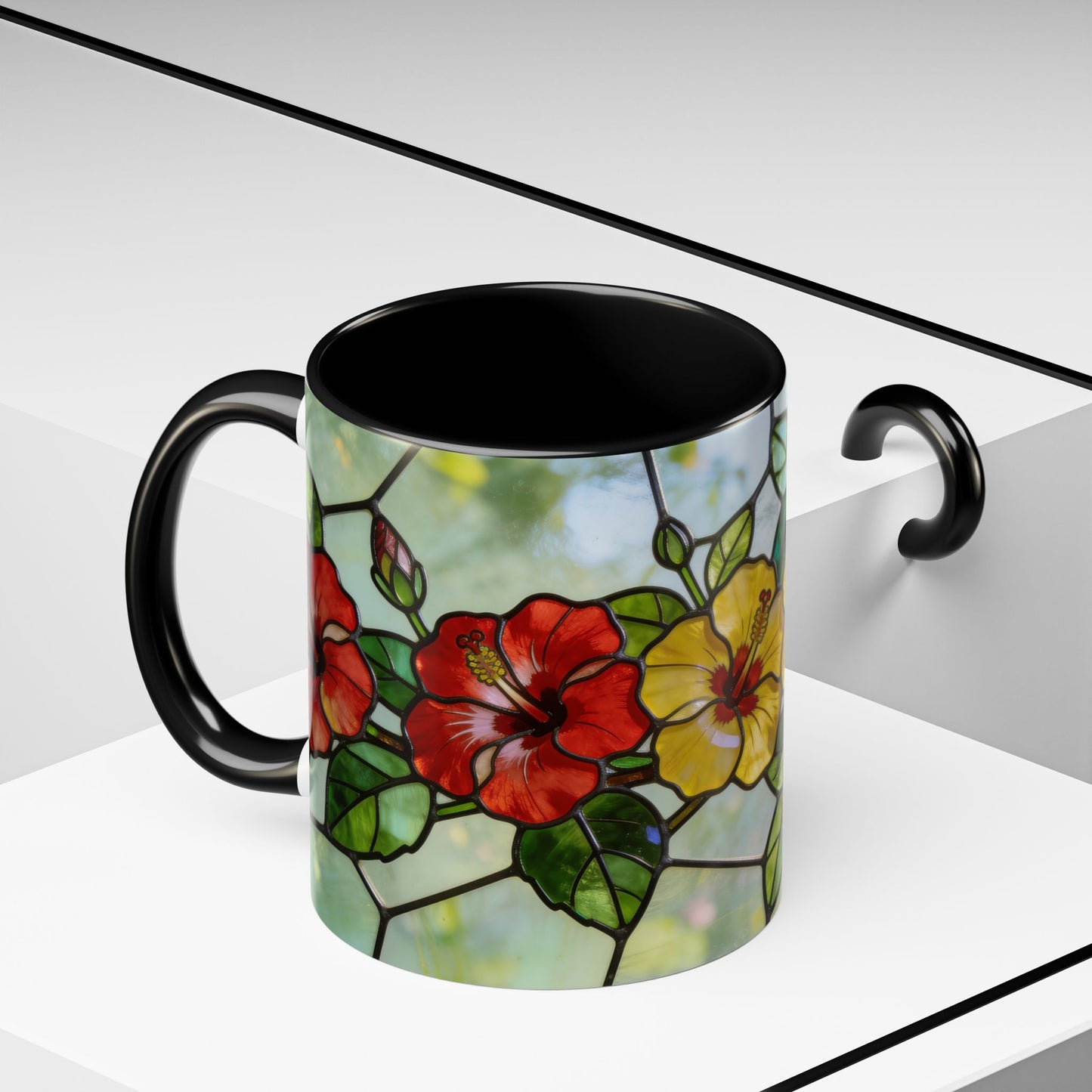 Stained Glass Floral Accent Coffee Mug — Hibiscus & Sunflower Art (11/15oz)