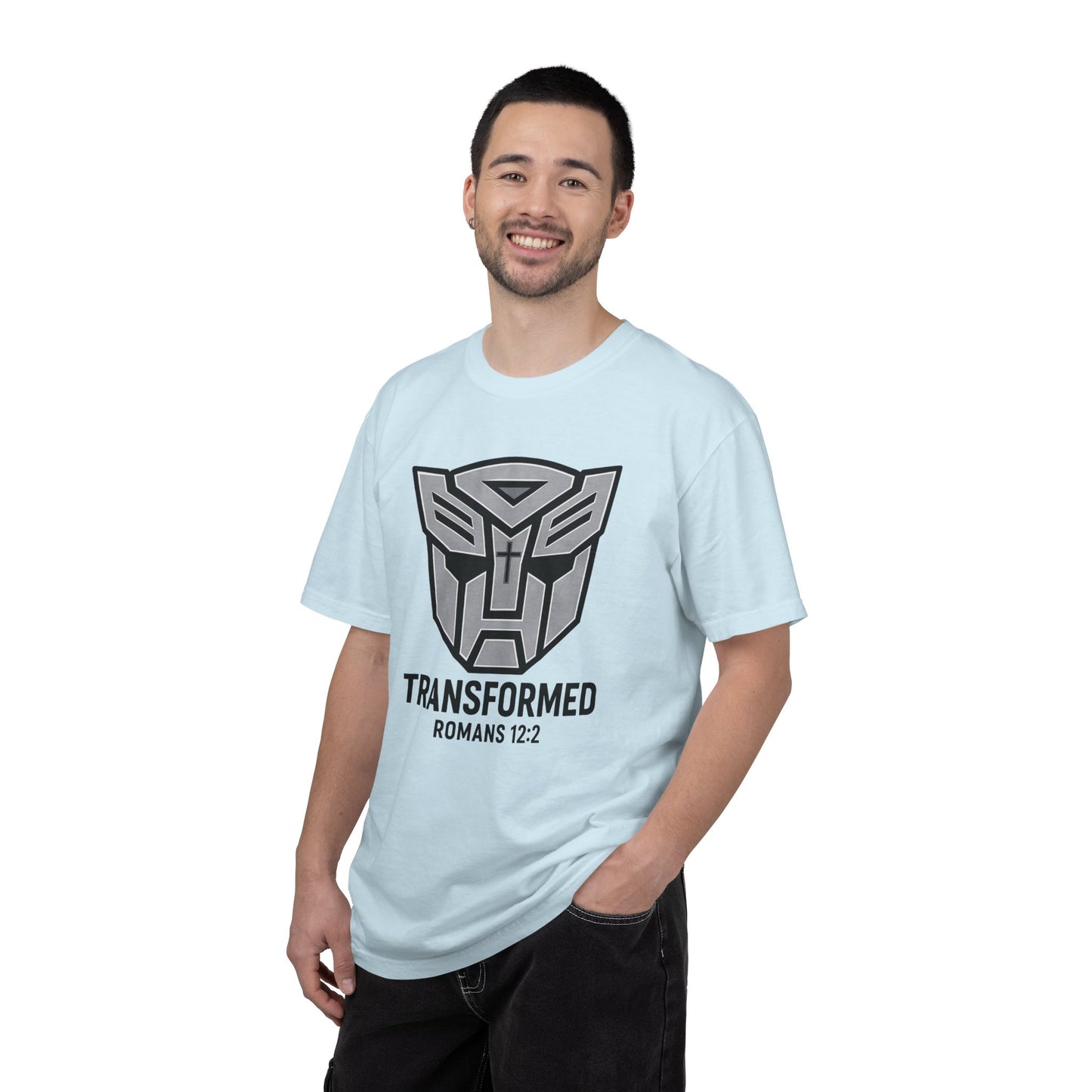Transformed Graphic Tee — "Transformed" Romans 12:2 Christian Transformer Logo T-Shirt