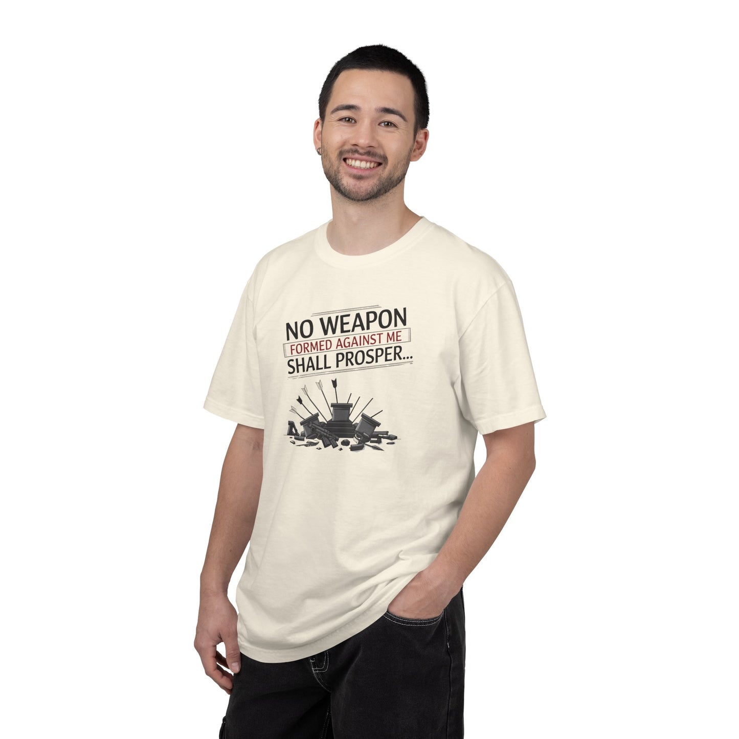 No Weapon Formed Against Me Shall Prosper T-Shirt — Isaiah 54:17 Christian Faith Tee
