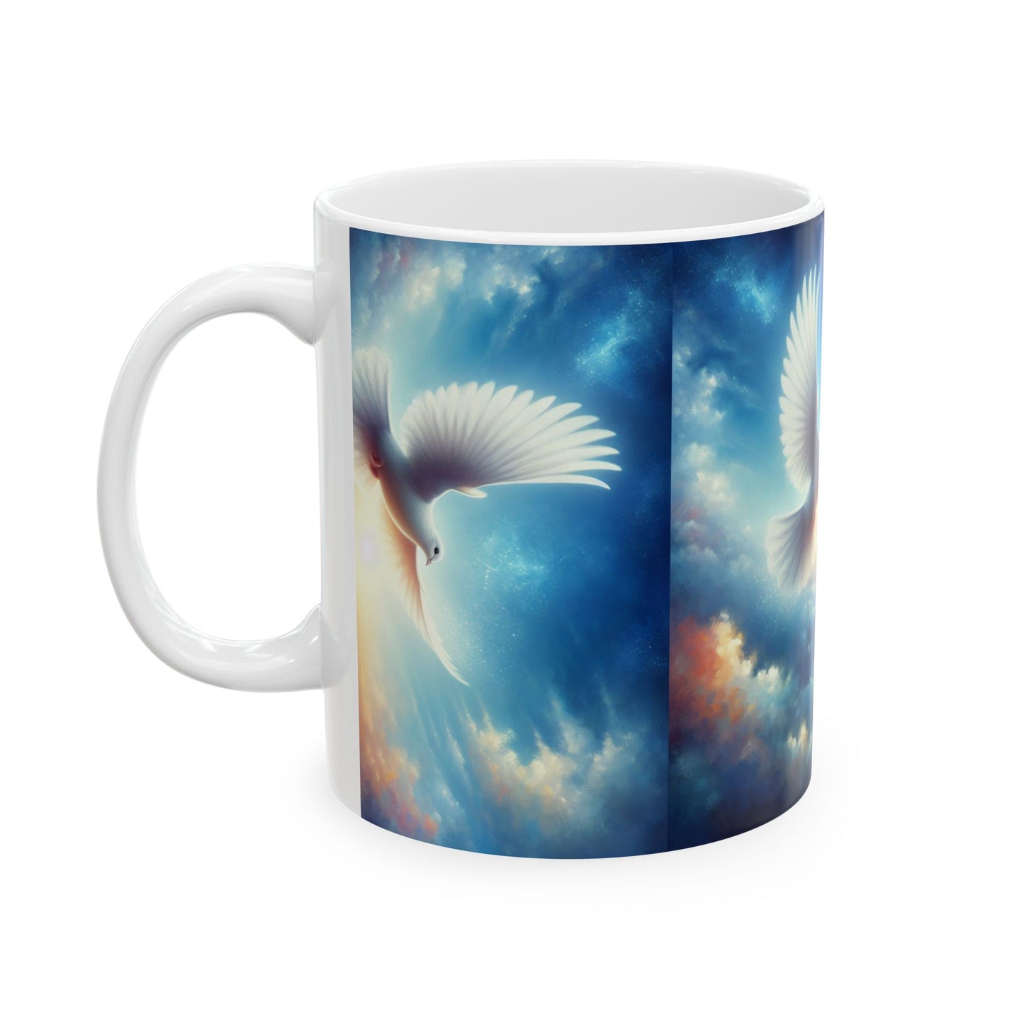 Dove in Sunrise Ceramic Mug — Inspirational Peace Coffee Cup (11oz & 15oz)