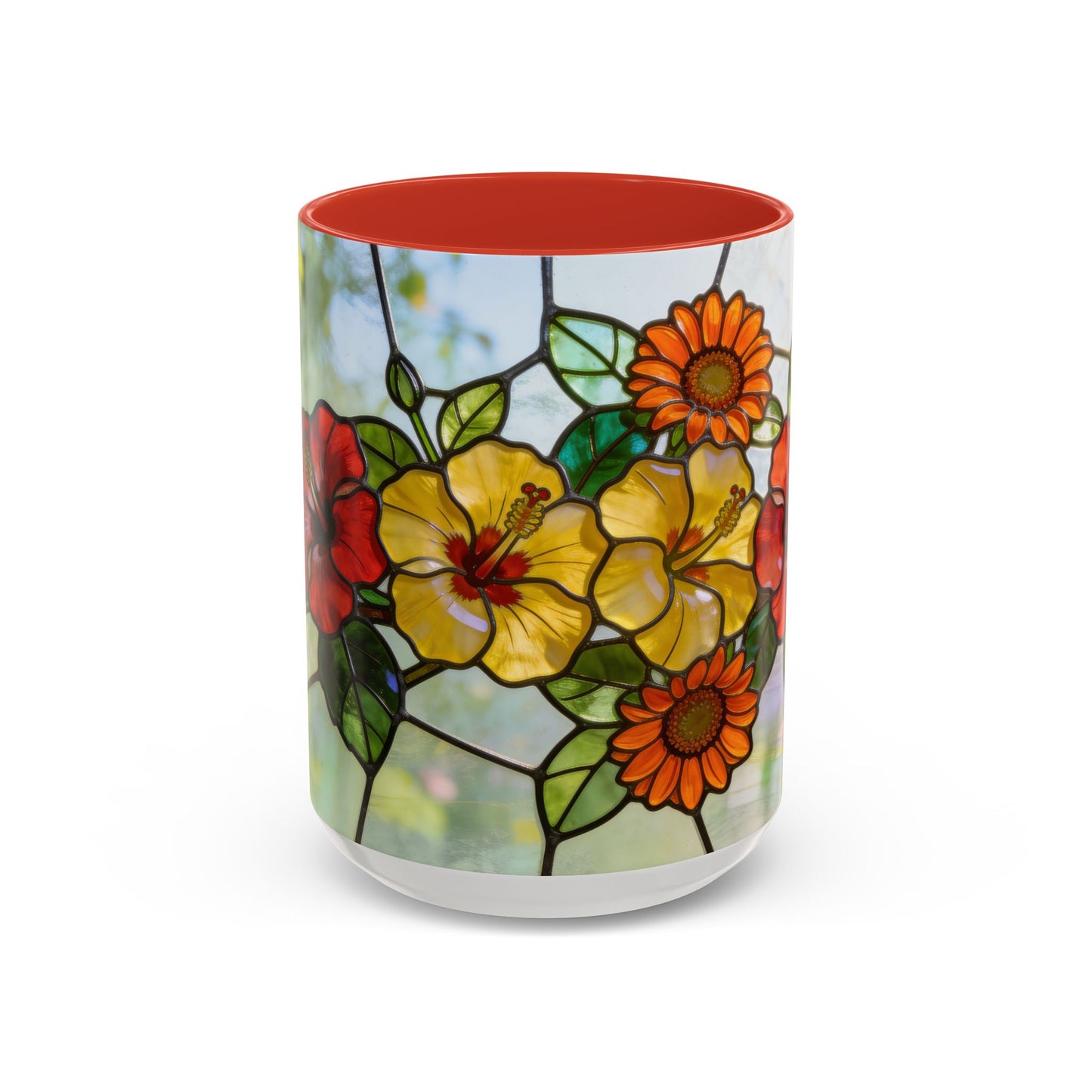 Stained Glass Floral Accent Coffee Mug — Hibiscus & Sunflower Art (11/15oz)