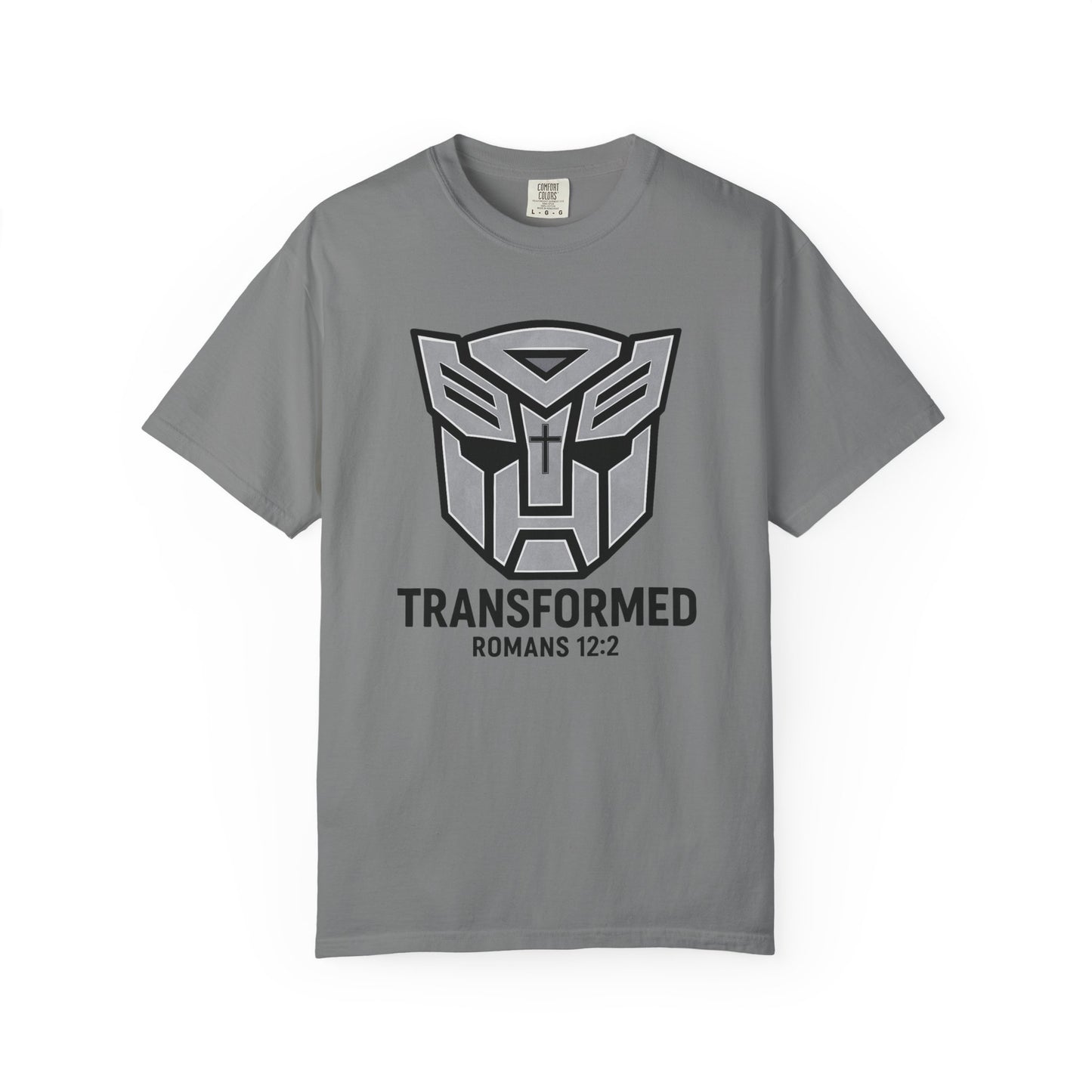 Transformed Graphic Tee — "Transformed" Romans 12:2 Christian Transformer Logo T-Shirt