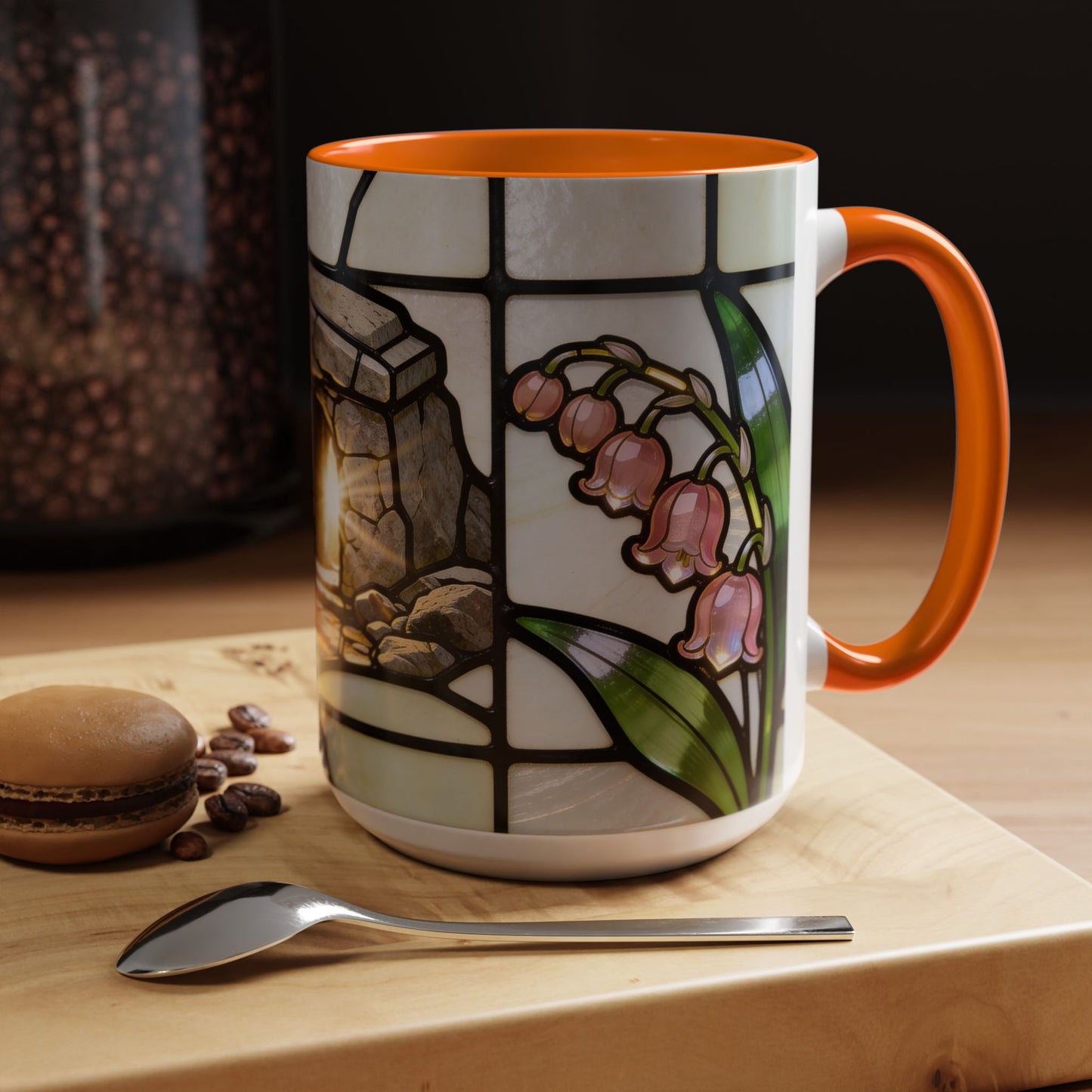 Stained Glass depiction of The Resurrected Tomb & Lily of the Valley Accent Coffee Mug — Christian Easter 11/15oz