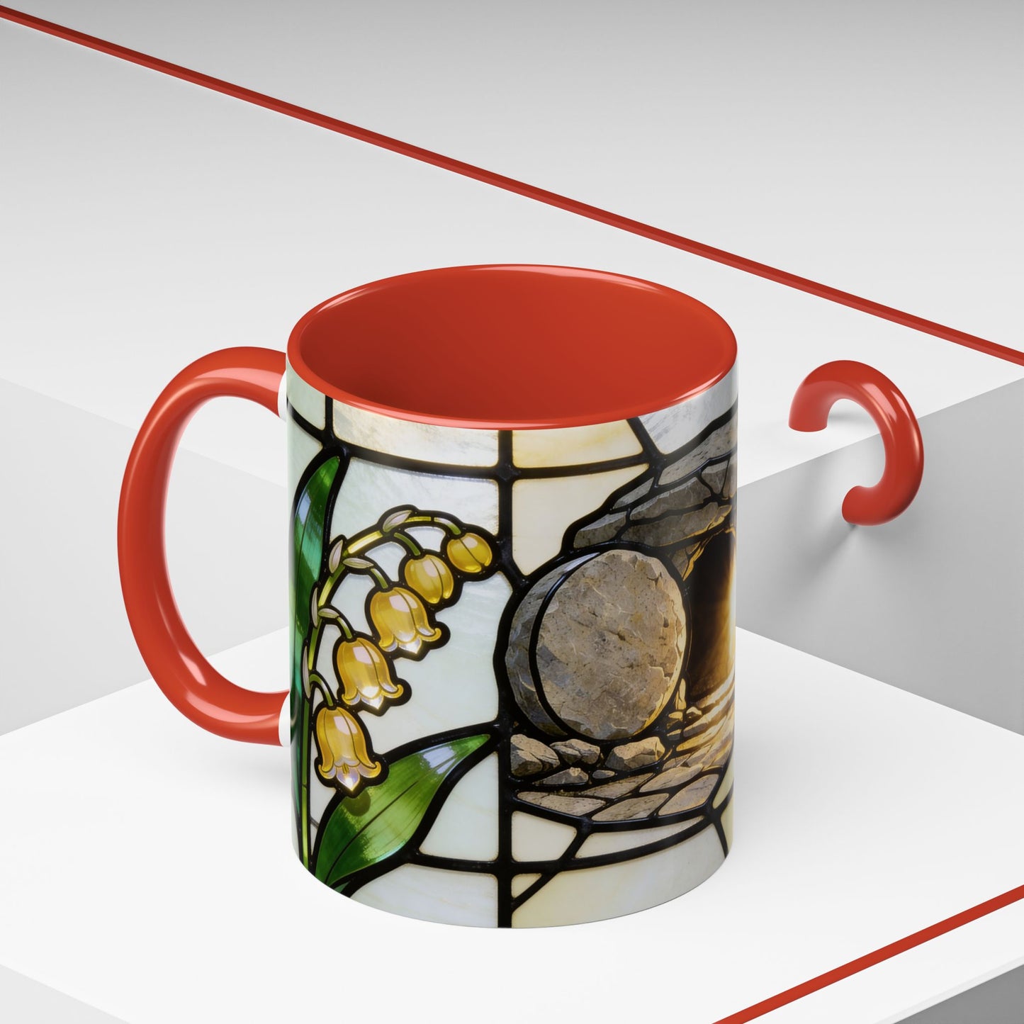 Stained Glass depiction of The Resurrected Tomb & Lily of the Valley Accent Coffee Mug — Christian Easter 11/15oz