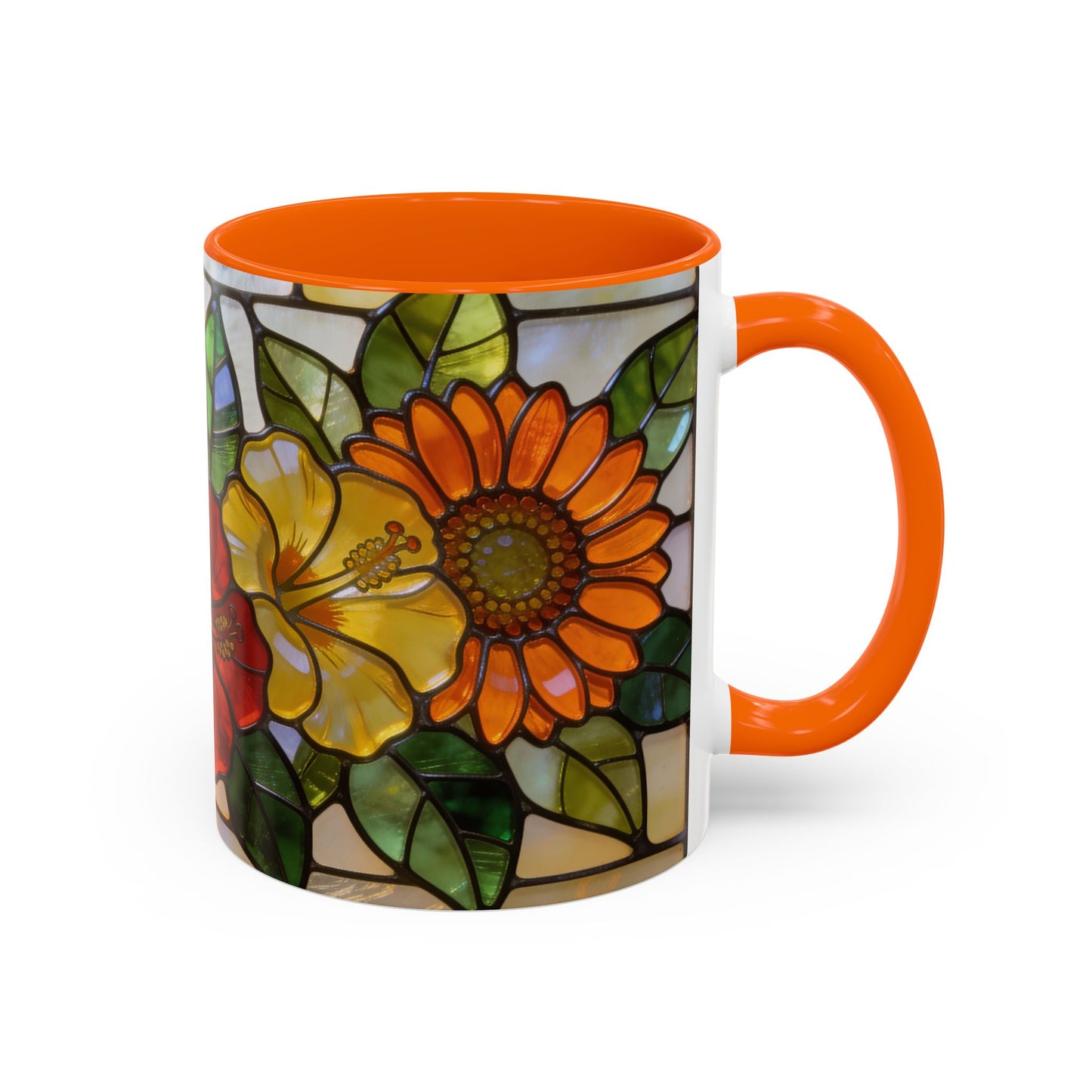 Floral Stained Glass Accent Coffee Mug – Hibiscus & Sunflower Design (11/15oz)