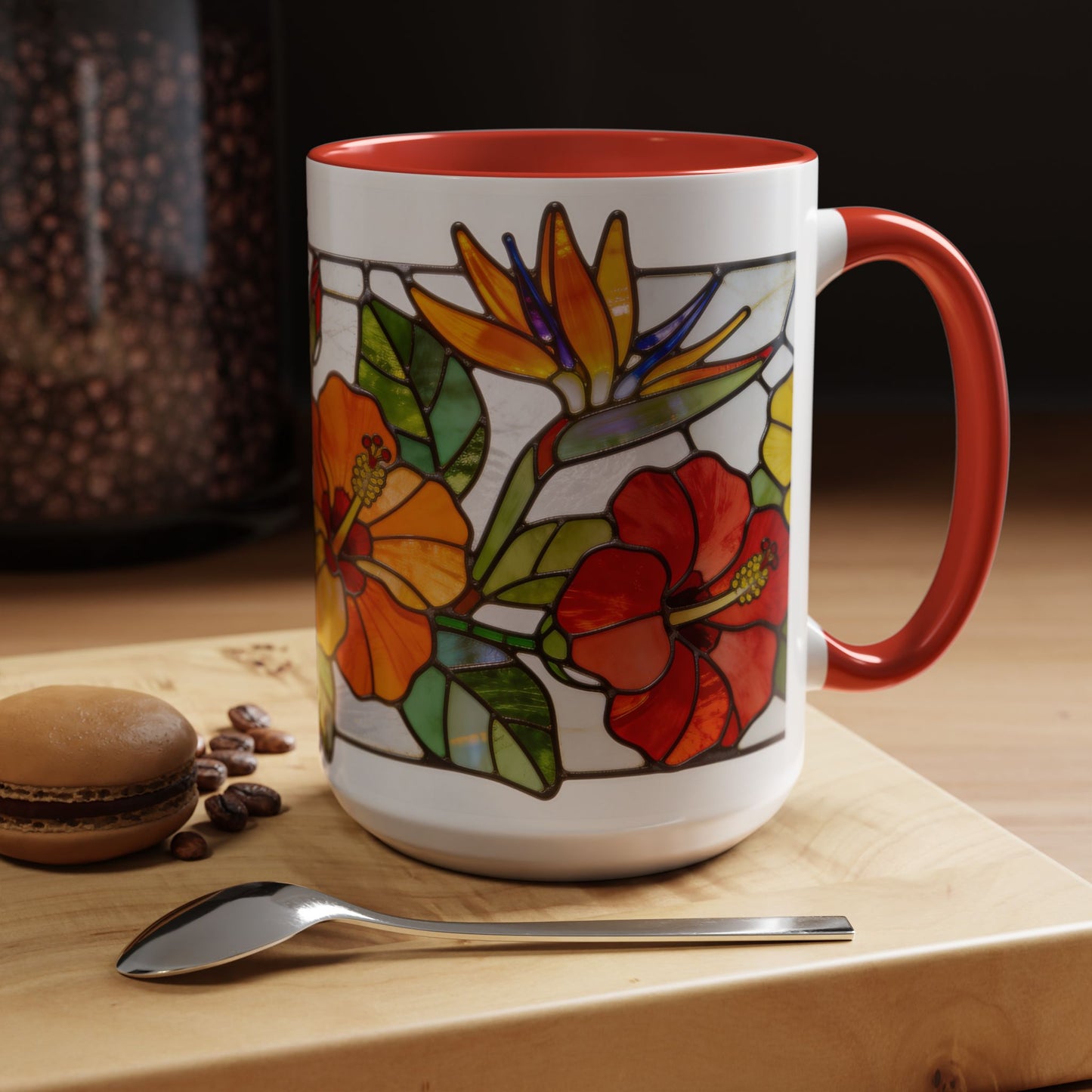 Stained Glass Tropical Flower Coffee Mug — Hibiscus & Bird of Paradise Accent Mug