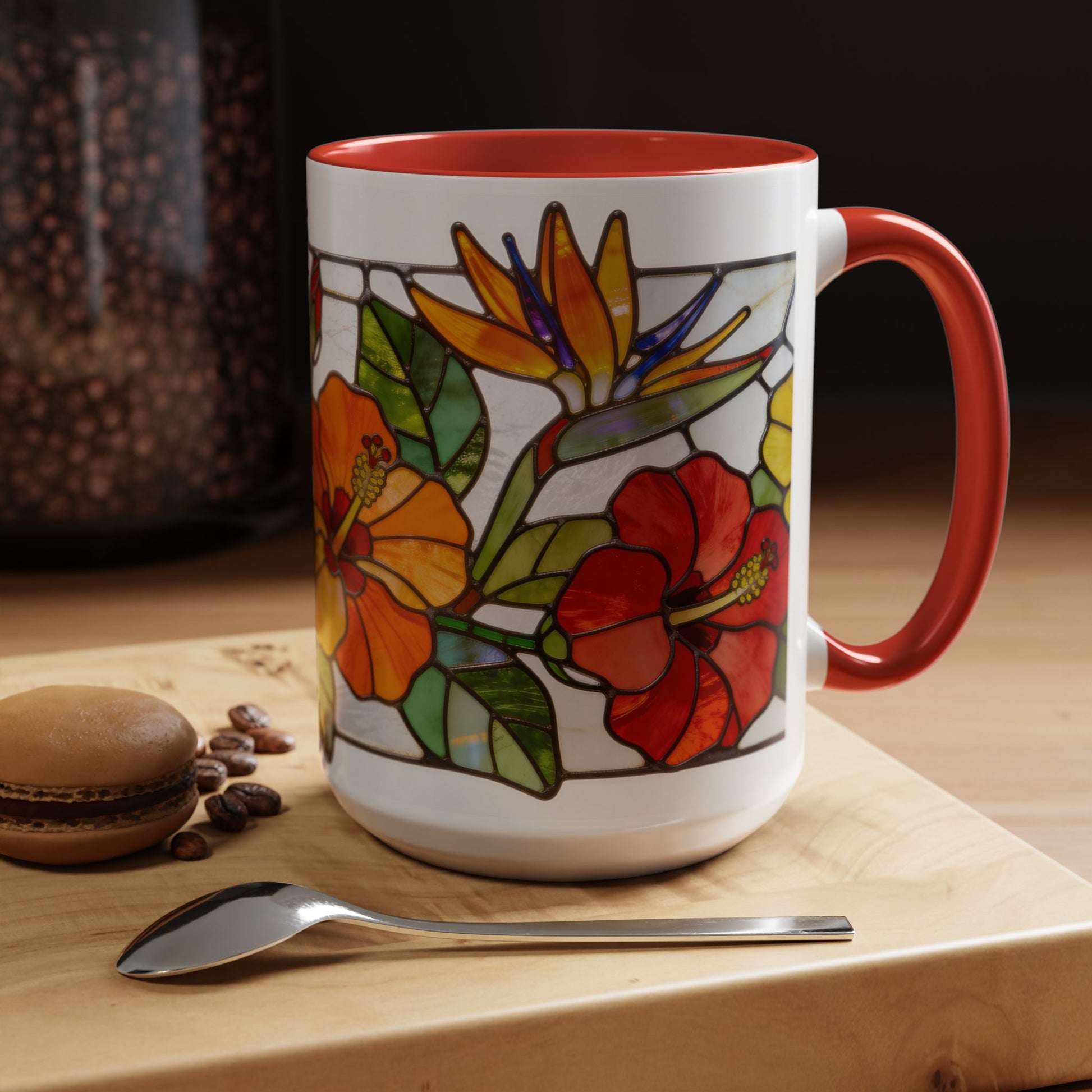 Stained Glass Tropical Flower Coffee Mug - Hibiscus & Bird of Paradise Accent Mug