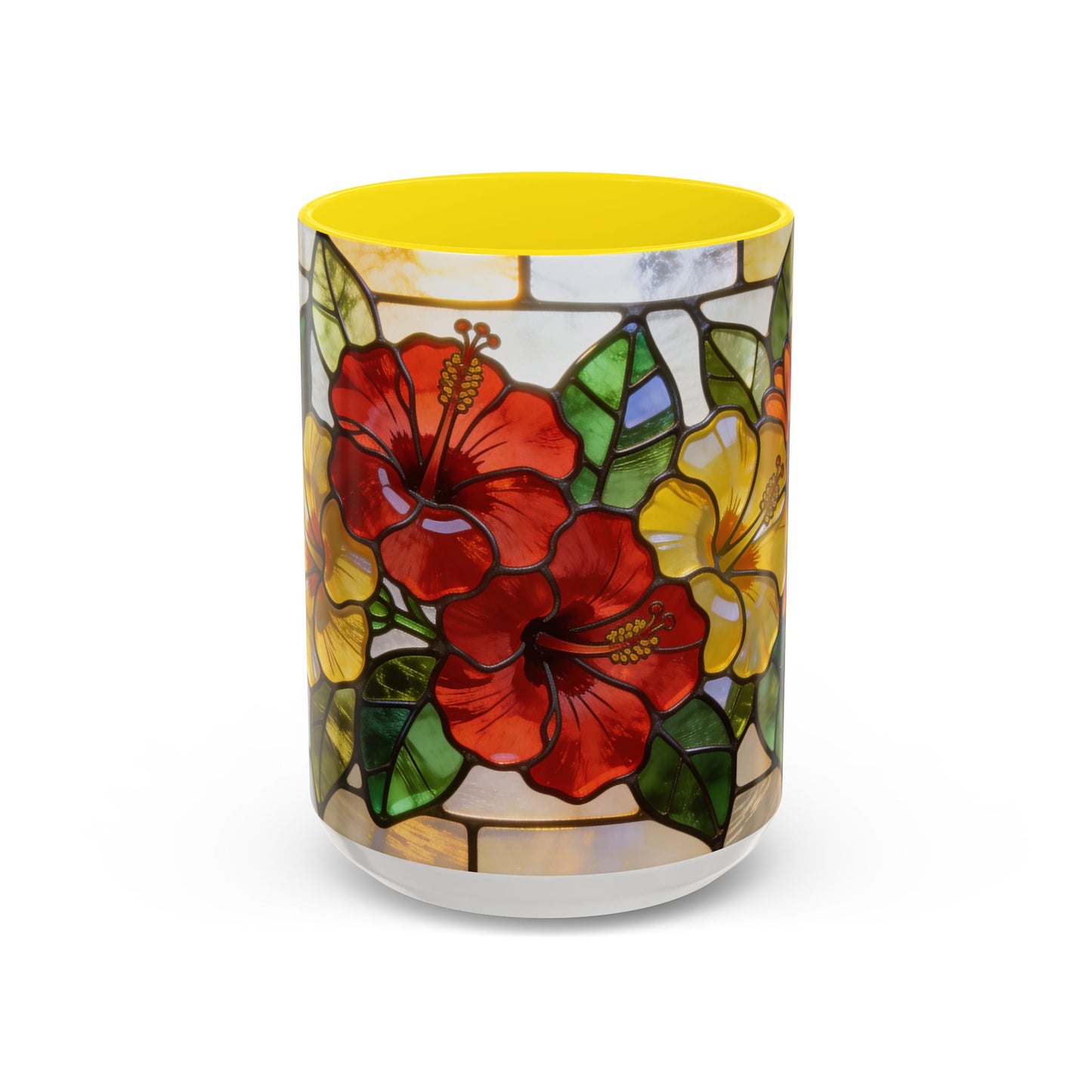 Floral Stained Glass Accent Coffee Mug – Hibiscus & Sunflower Design (11/15oz)