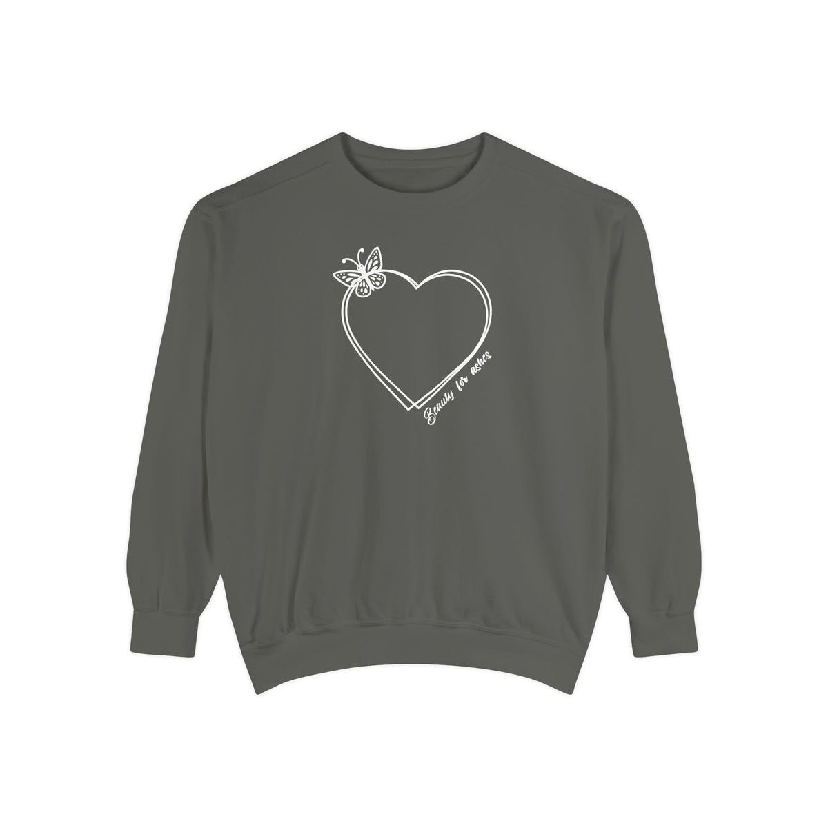 A dark gray crewneck sweatshirt with a white line-art graphic of a heart, butterfly, and cursive text on the chest, displayed against a solid white background.