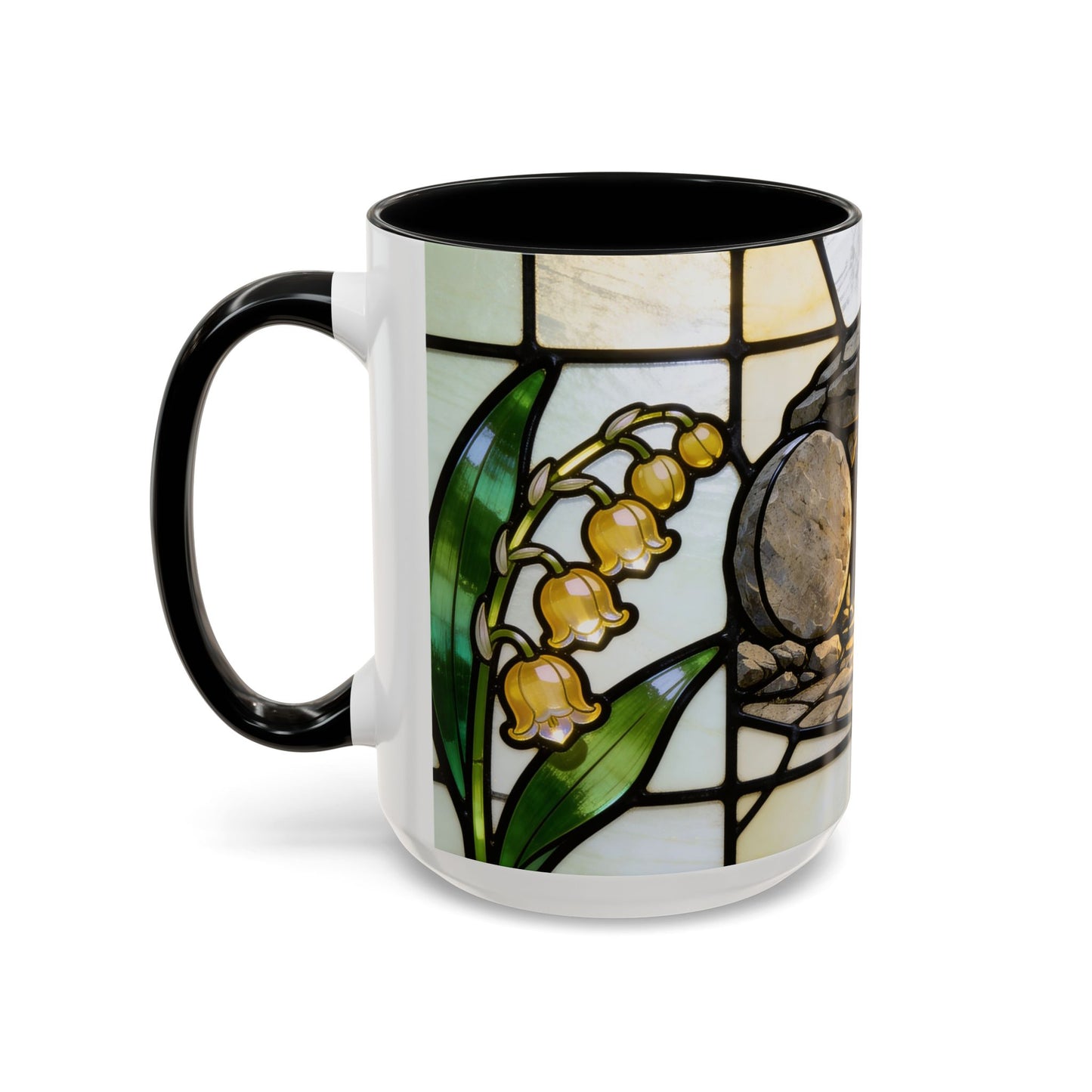 Stained Glass depiction of The Resurrected Tomb & Lily of the Valley Accent Coffee Mug — Christian Easter 11/15oz