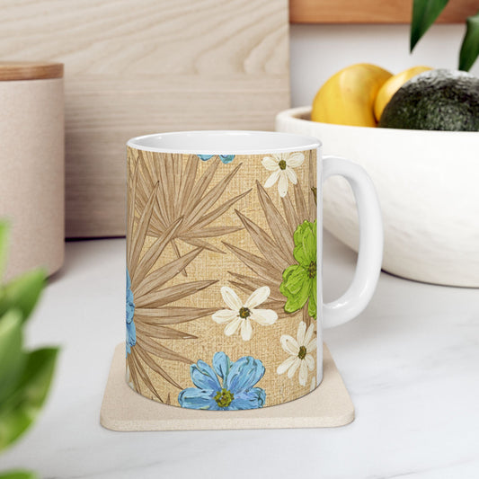 Floral Boho Ceramic Mug - Blue Wildflowers on Palm Leaf Background (11oz, 15oz)