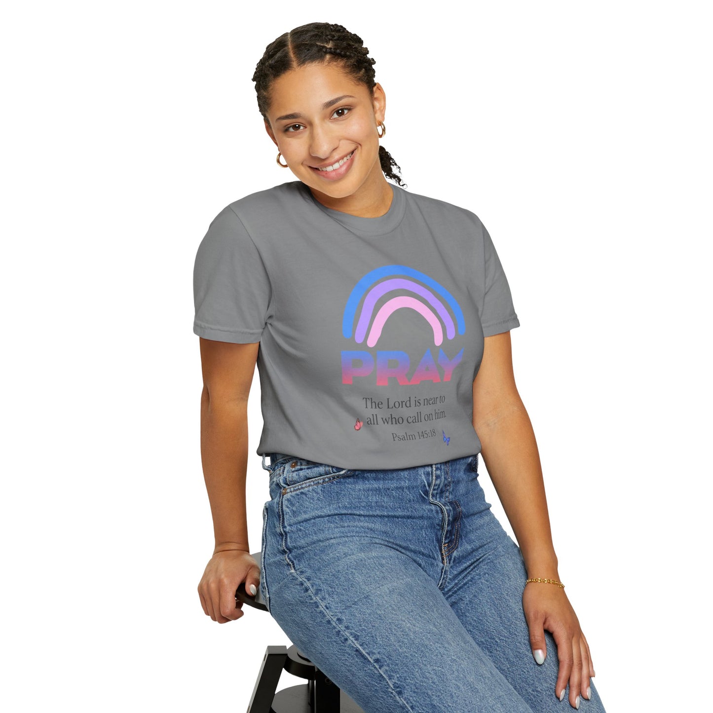 Prayer Rainbow T-Shirt — "PRAY" Psalm 145:18 Inspirational Christian Tee