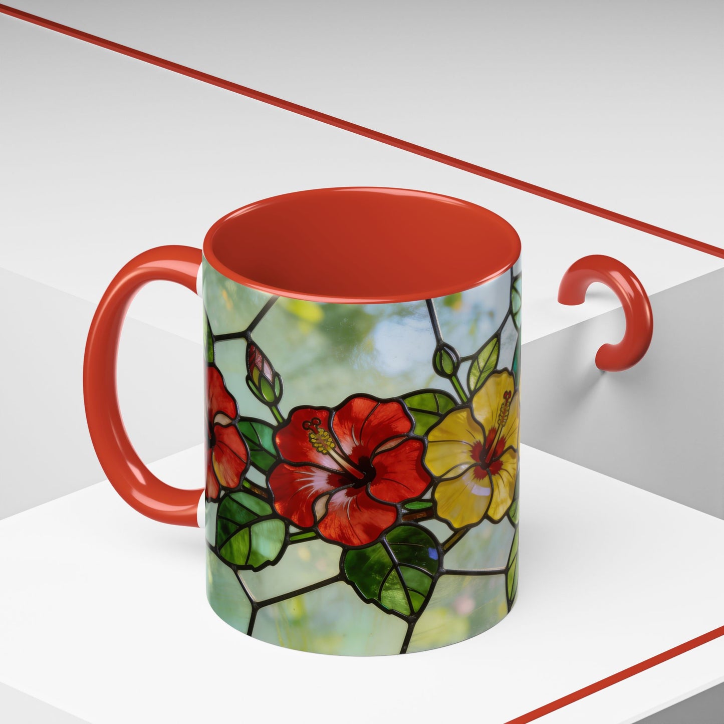 Stained Glass Floral Accent Coffee Mug — Hibiscus & Sunflower Art (11/15oz)