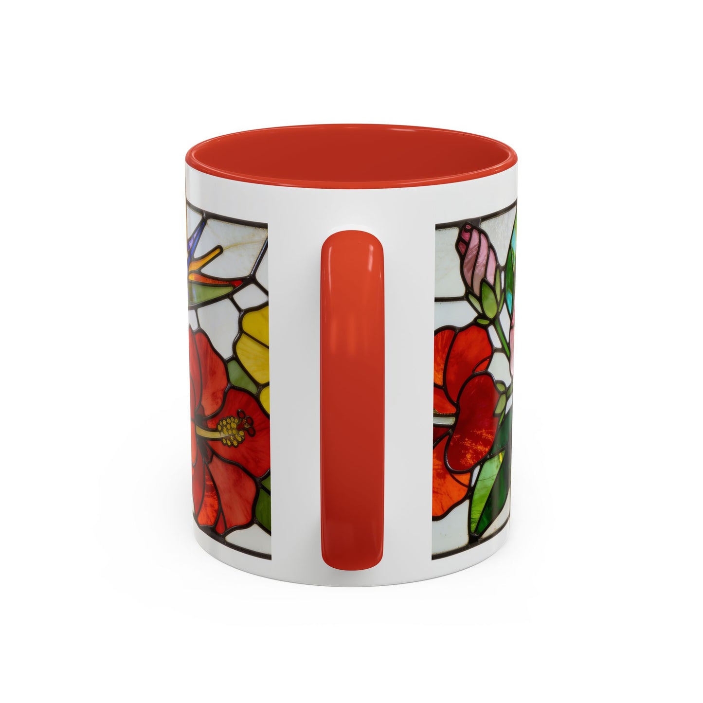 Stained Glass Tropical Flower Coffee Mug — Hibiscus & Bird of Paradise Accent Mug