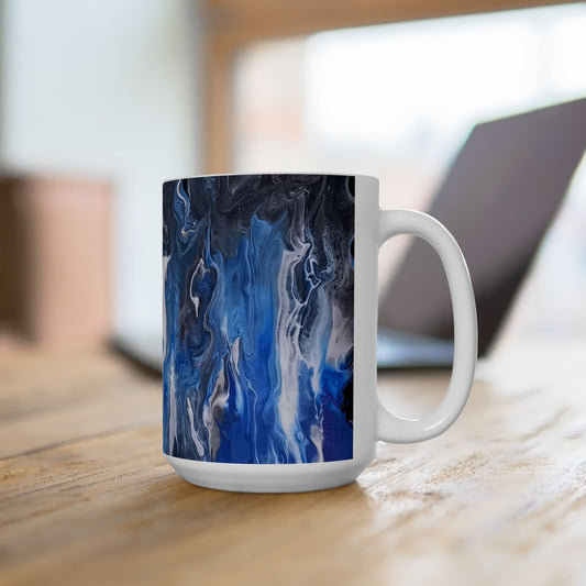 Blue Black White Acrylic Pour Ceramic Mug — Abstract Swirl 11oz & 15oz