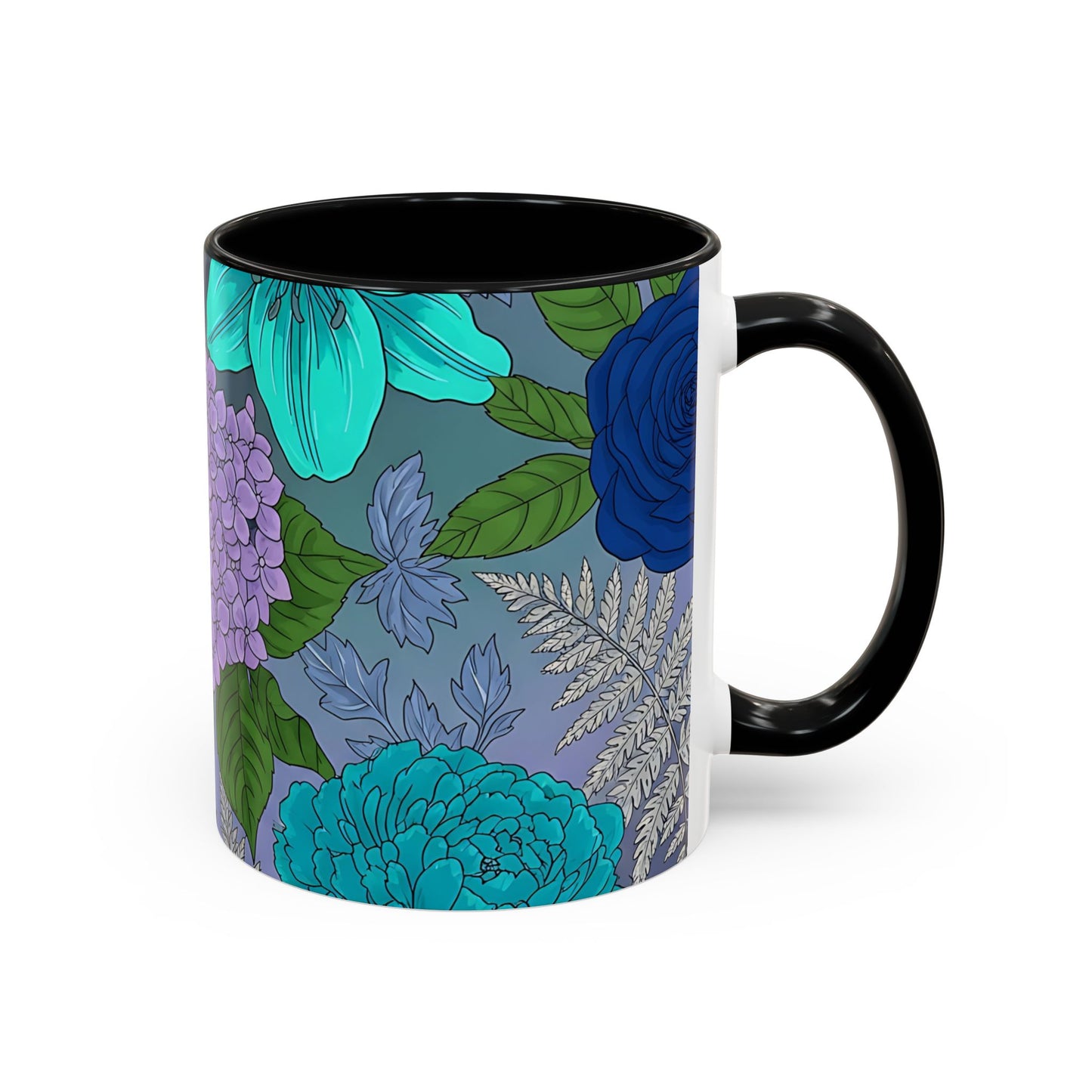 Floral Hydrangea Accent Coffee Mug — Teal & Lavender Botanical Drinkware