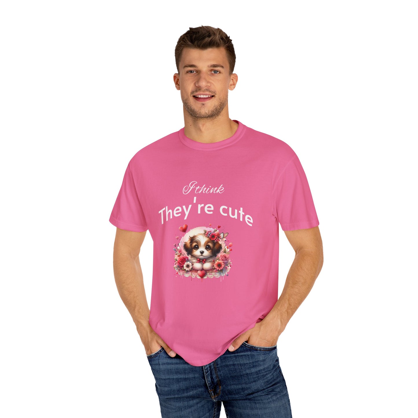 Cute Puppy Love adorned with hearts and beautiful flowers Unisex Garment-Dyed T-Shirt - Perfect for Dog Lovers