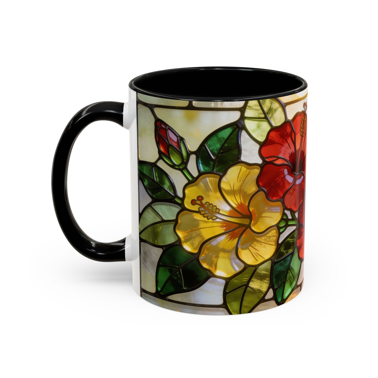 Floral Stained Glass Accent Coffee Mug – Hibiscus & Sunflower Design (11/15oz)