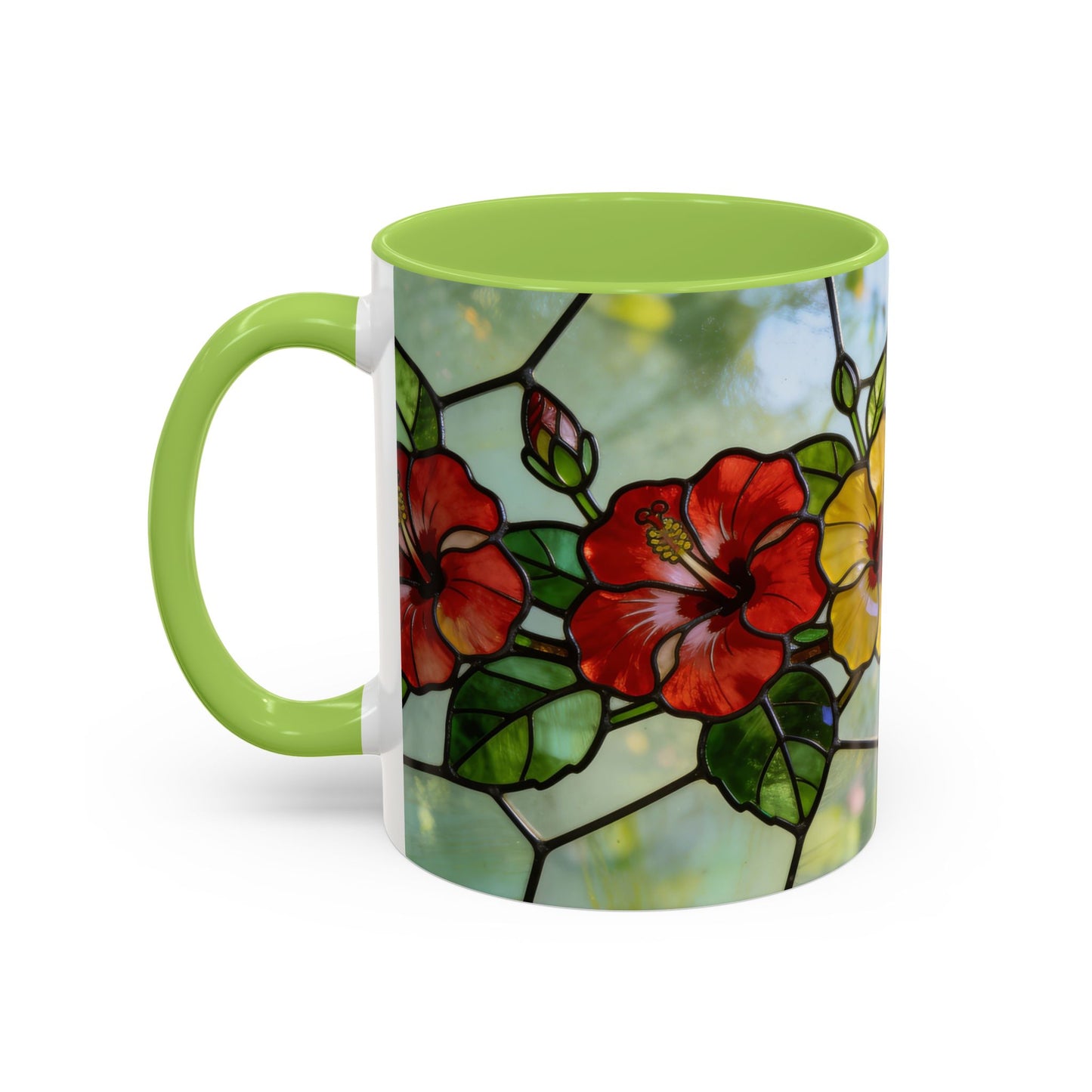 Stained Glass Floral Accent Coffee Mug — Hibiscus & Sunflower Art (11/15oz)